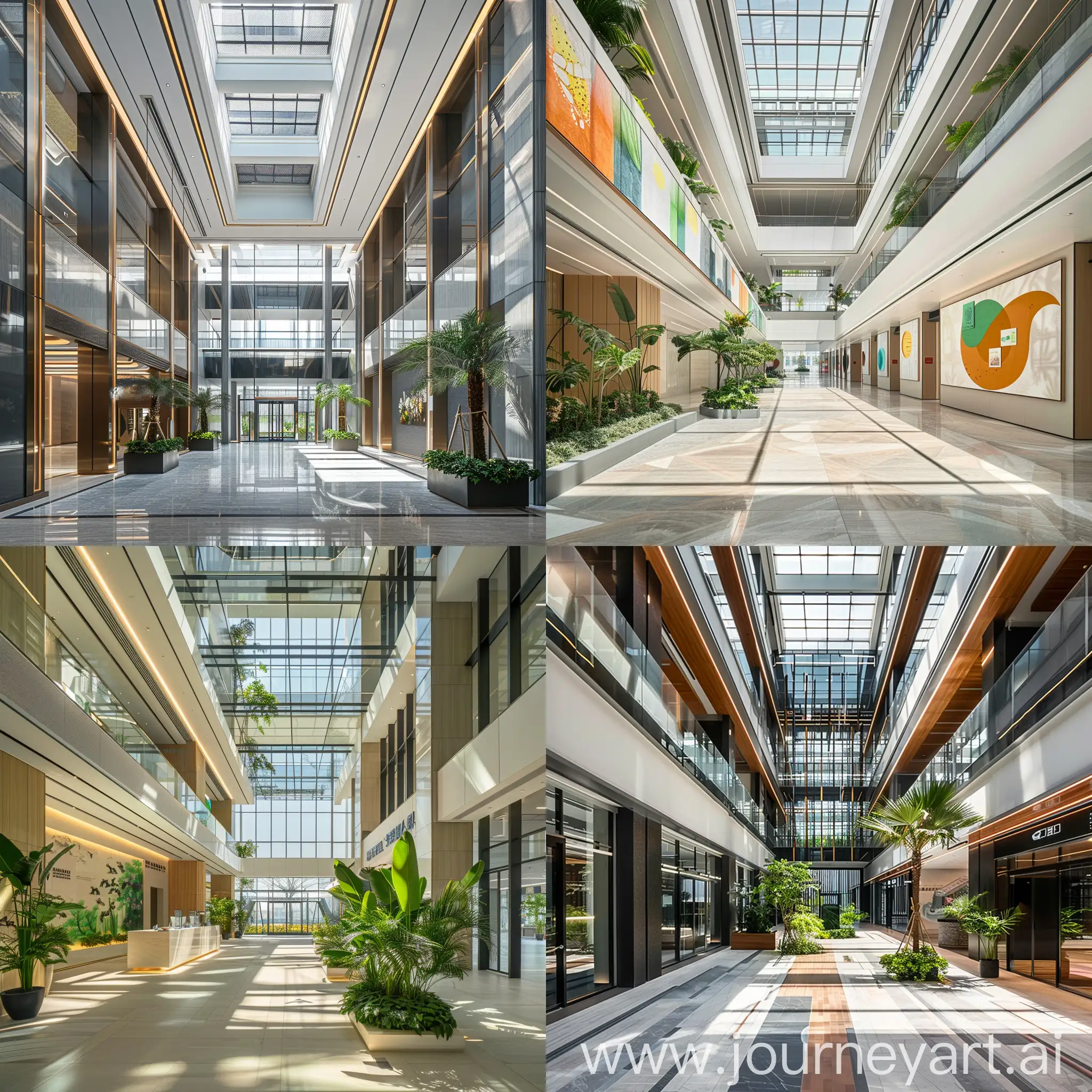 一个在海南三亚的5A级的办公楼的挑空大堂
设有有效连接内/外部
利用自然阳光
清楚的标识和导航
美化环境，加入艺术品
地面瓷砖，墙面瓷砖

