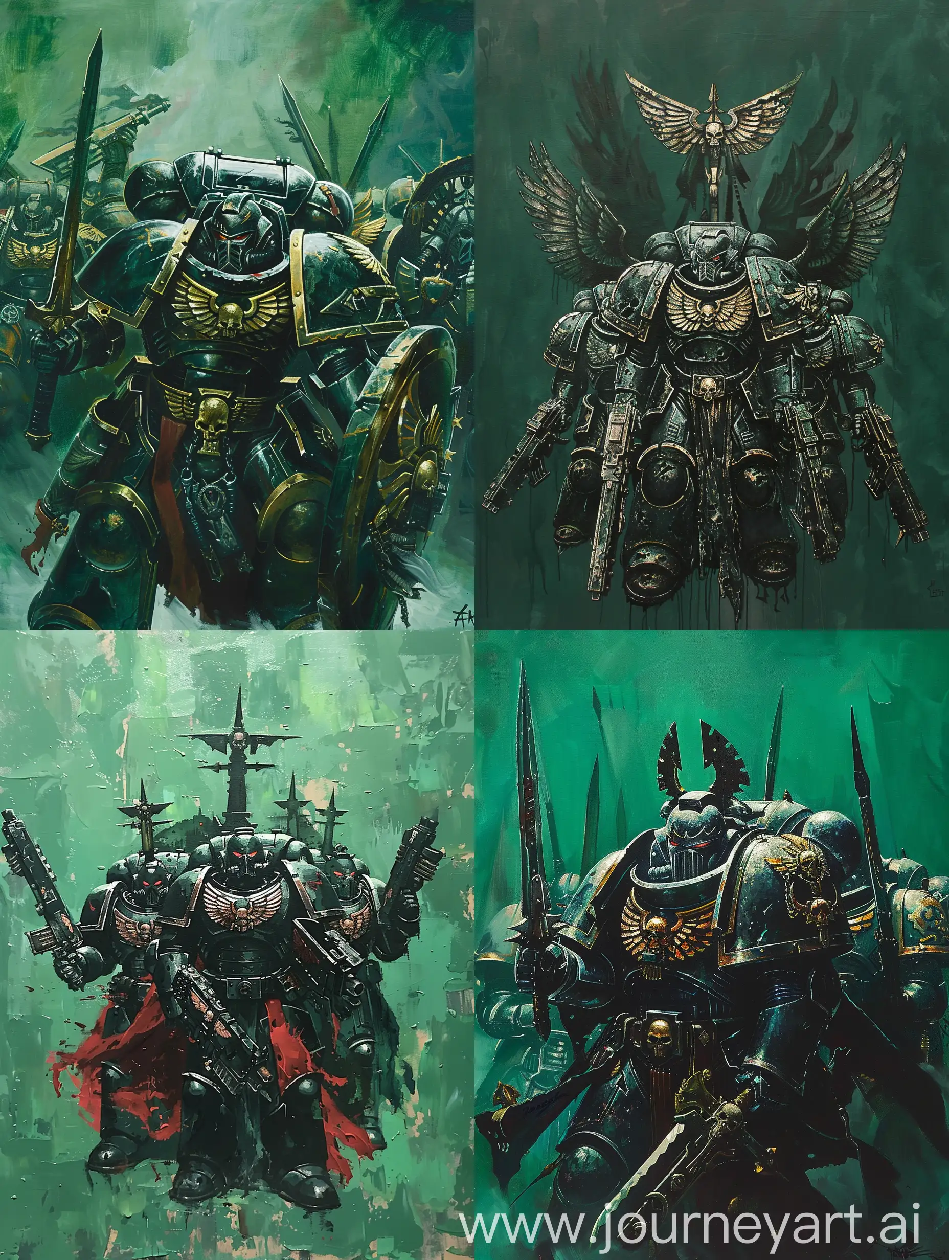 A painting of the Dark Angels from the Warhammer 40k universe. The background is Russian green.