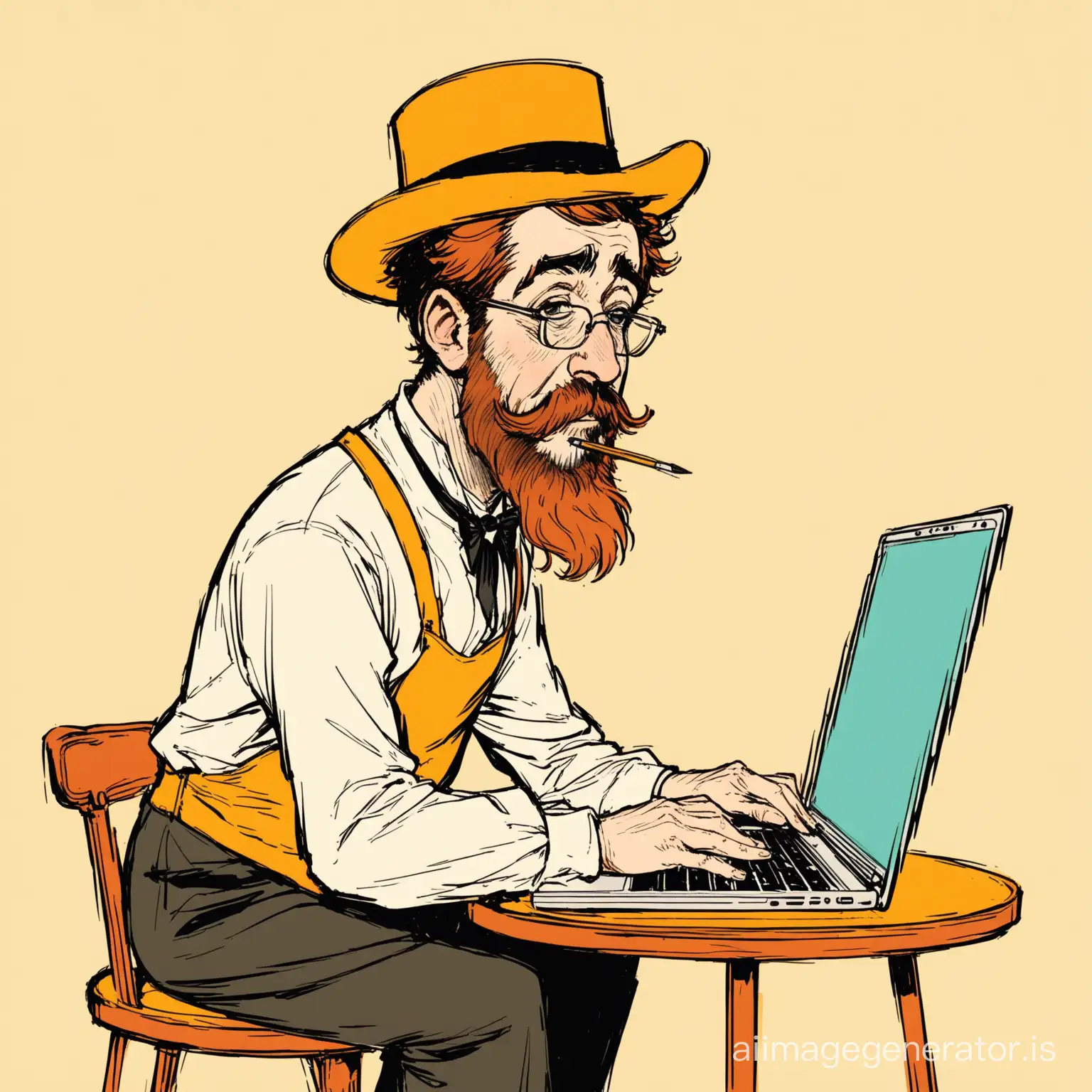 a caricature representing the painter toulouse lautrec using a laptop