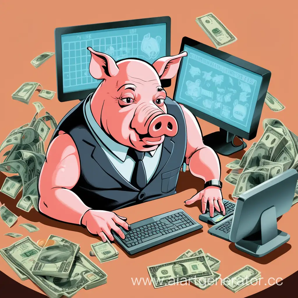 a very weak and bald man is sitting at a computer, there is an image of a pig on the screen, and there is a lot of money on the man's table