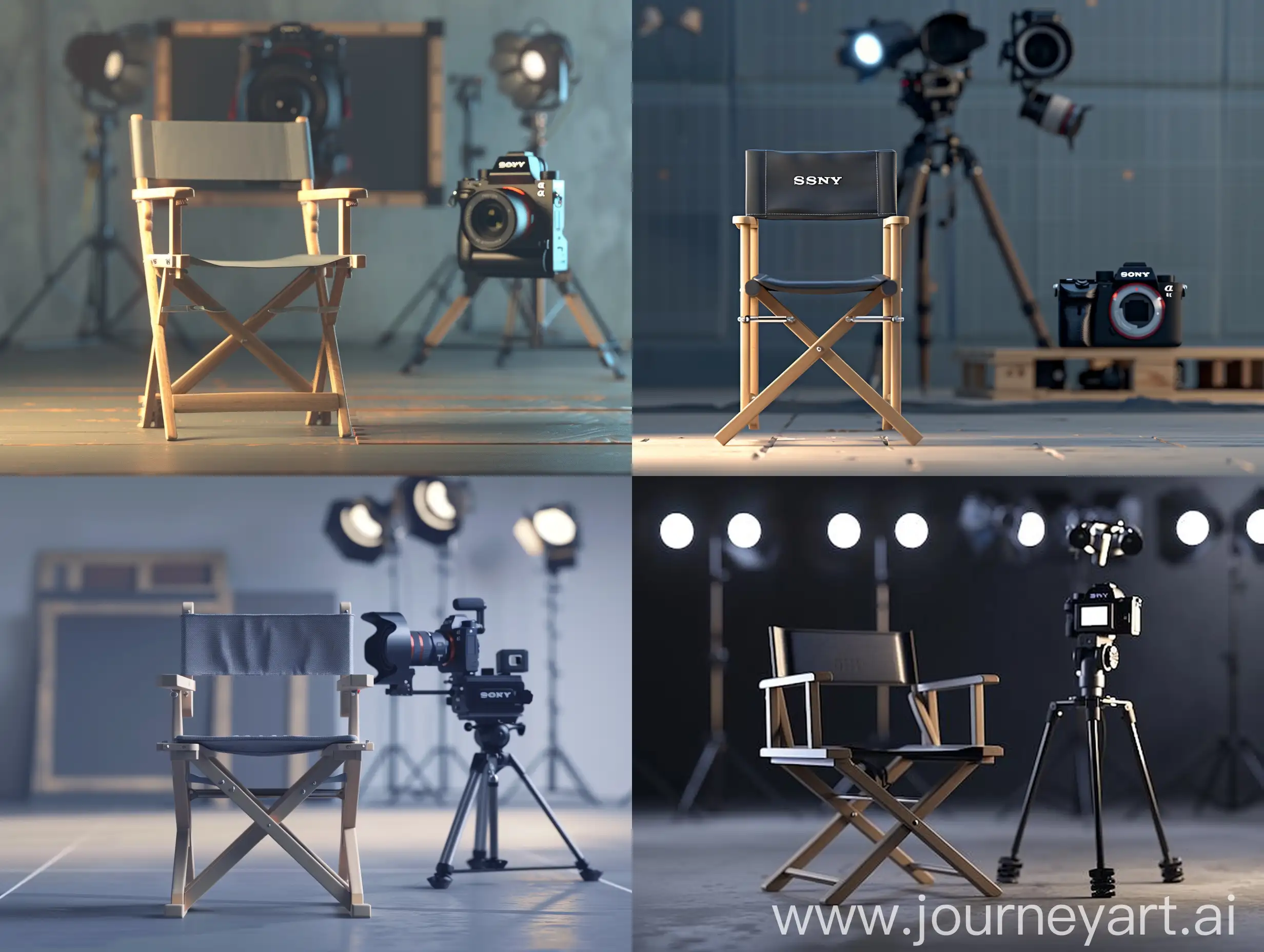 Fotorealistisch, Film, ausdrucksstark, Artdesign, Das Bild sollte einen leeren Regiesessel in Frontansicht, der Sessel ist leer, zeigen. Im Hintergrund ist rechts eine perfekte Kamera der Marke Sony aufgestellt. Oben drüber sind Leuchten angebracht. 