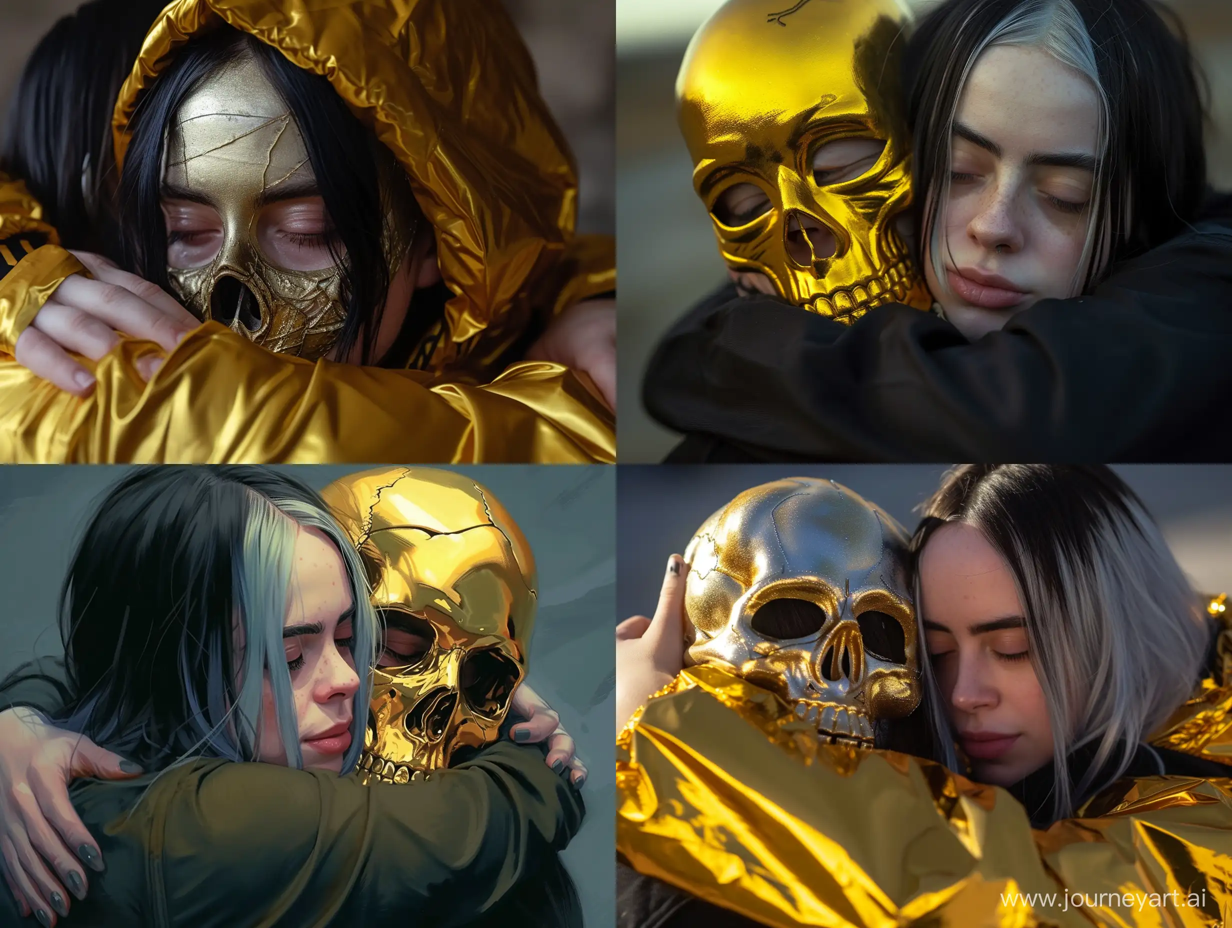 Billie-Eilish-Embraces-a-Mysterious-Figure-in-a-Golden-Skull-Mask
