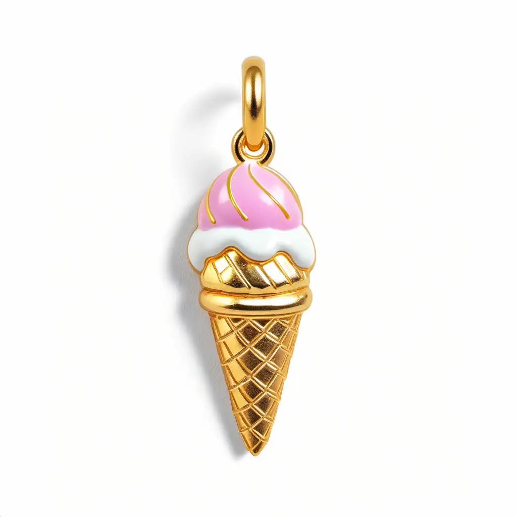 Golden Ice Cream Cone Charm on White Background