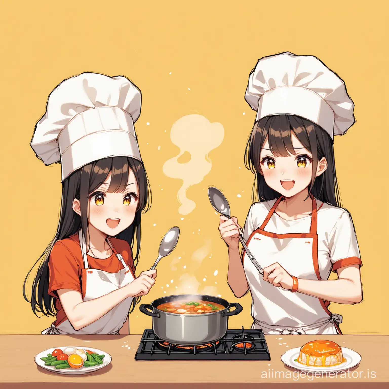 A Taiwanese girl participating in a cooking contest with an American friend and a yellow background