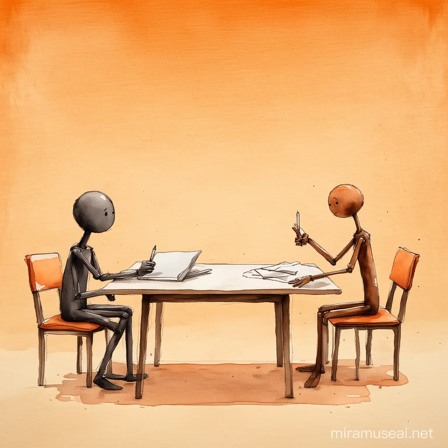 Technique: Visual Thinking Styles
Style: Hand-painted watercolor
Content: A big stickman and a small stickman sit face to face at a table. The table is filled with notebooks. The big stickman points his finger at the little stickman and curses, while the little stickman lowers his head.
Background: gradient orange background
