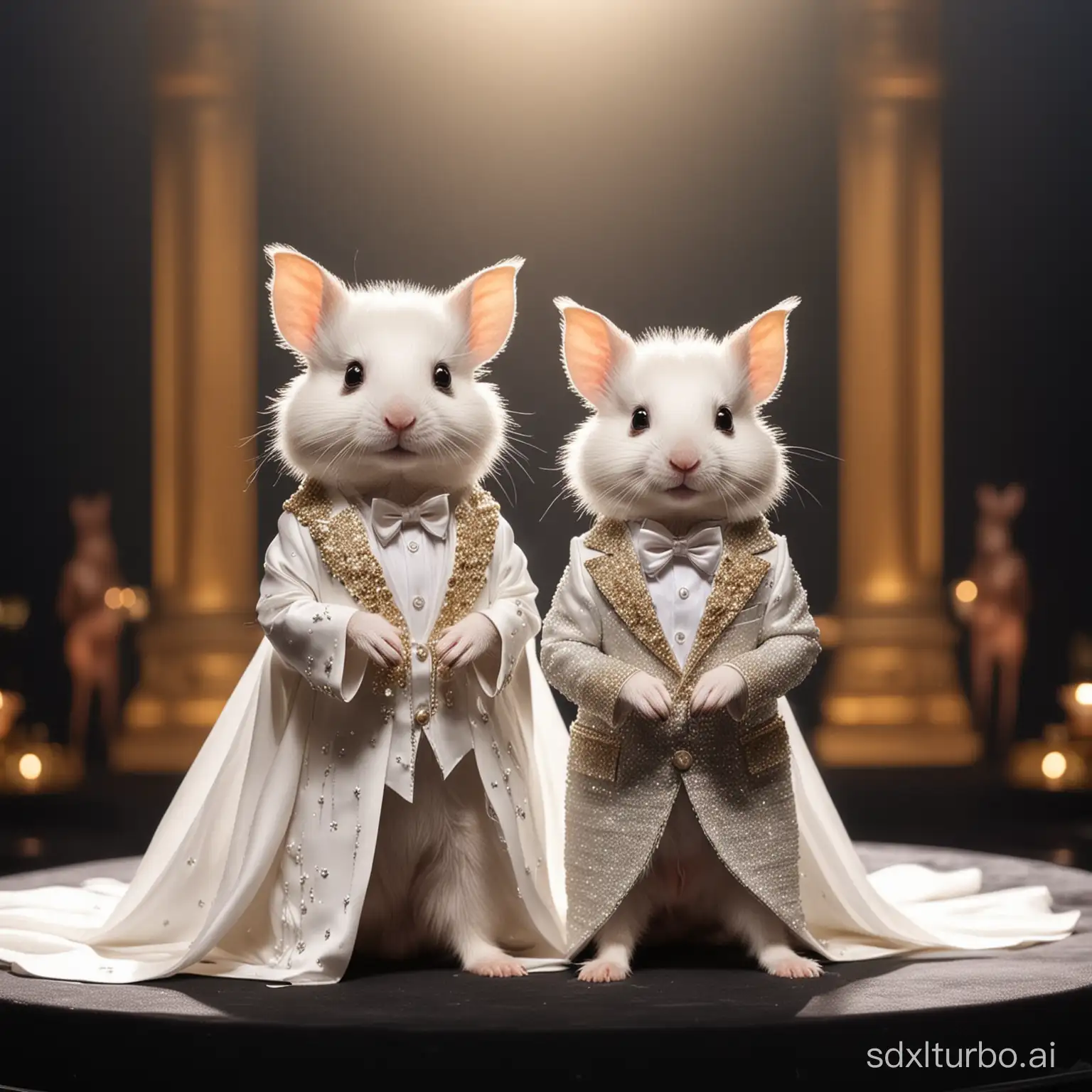 small animals wear bling bling suits and gowns performance on a beautiful stage with luxury decoration