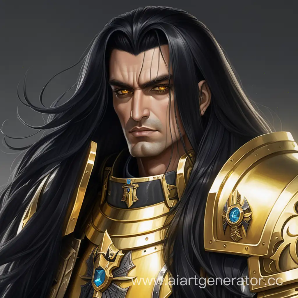 Sultan with long black hair, sunny eyes and gold armor warhammer 40000 portrait