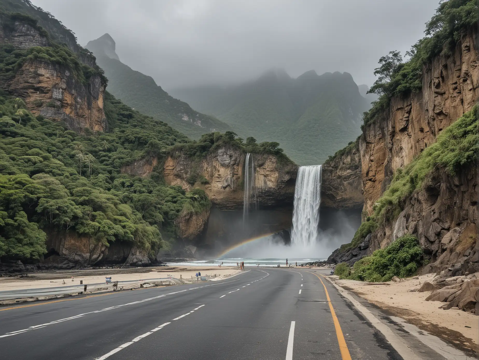 beach,waterfall,mountain background,road going front of beach