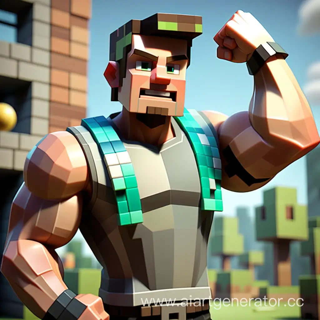 Steve from Minecraft, after a tough workout at the gym, very pumped, showing off his biceps, in full height, square