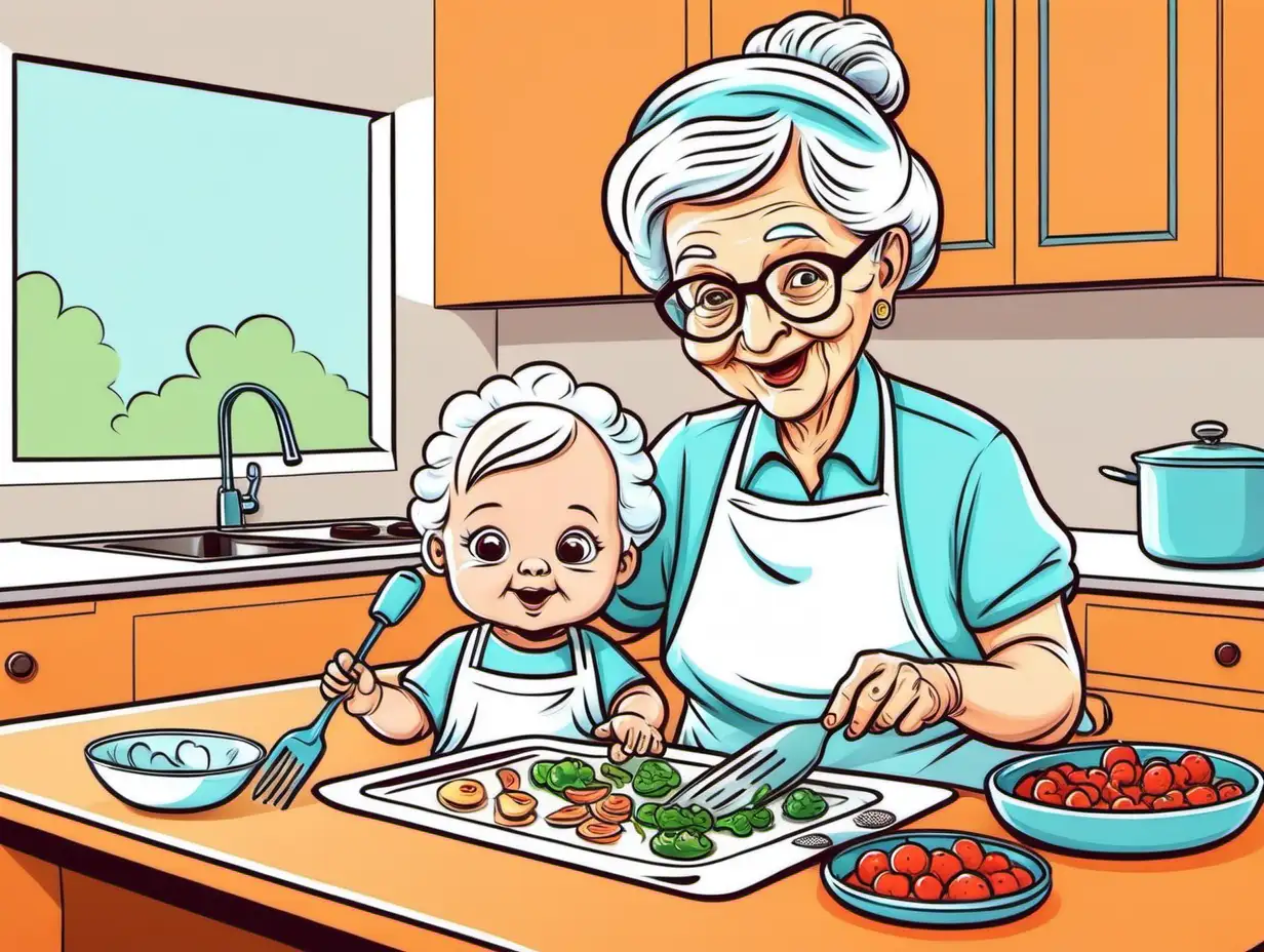 Cheerful Cartoon Kids Drawing with Grandma Cooking