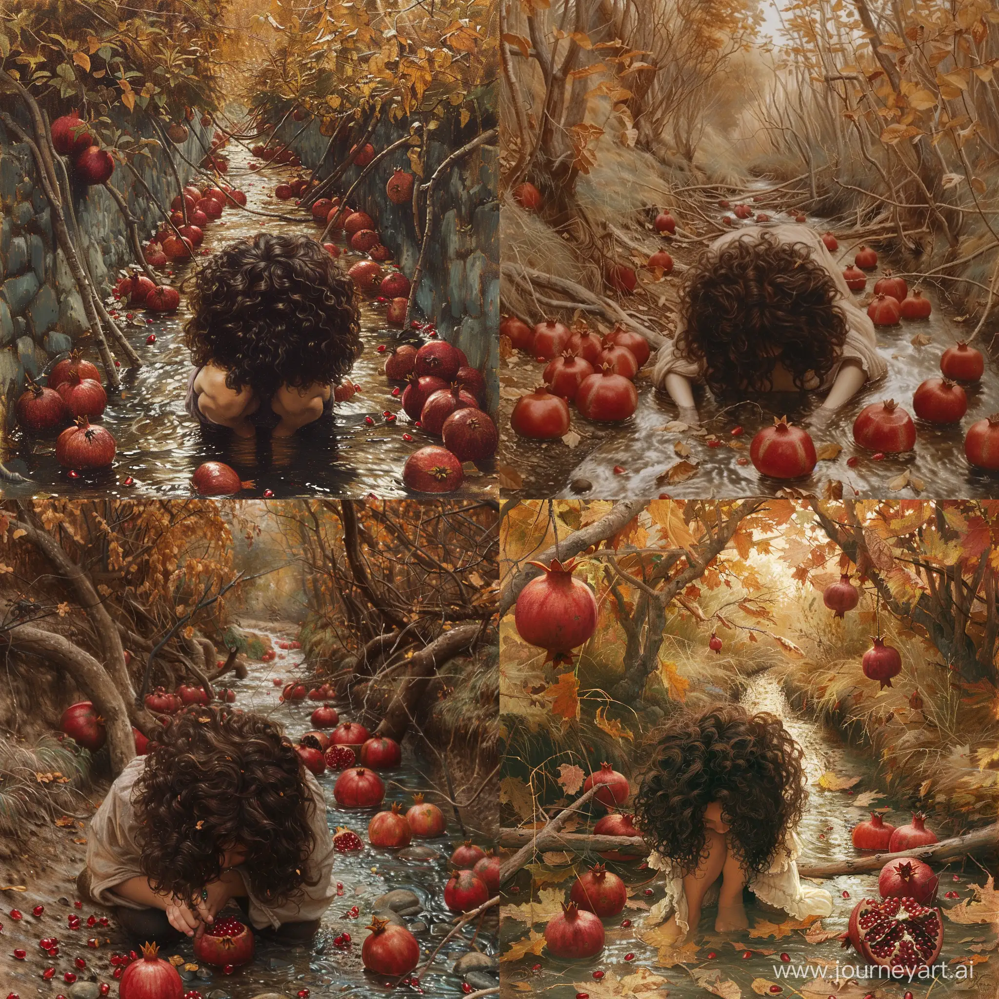 Solitude-by-the-Stream-Autumn-Reflection-with-a-CurlyHaired-Girl-and-Fallen-Pomegranate-Trees