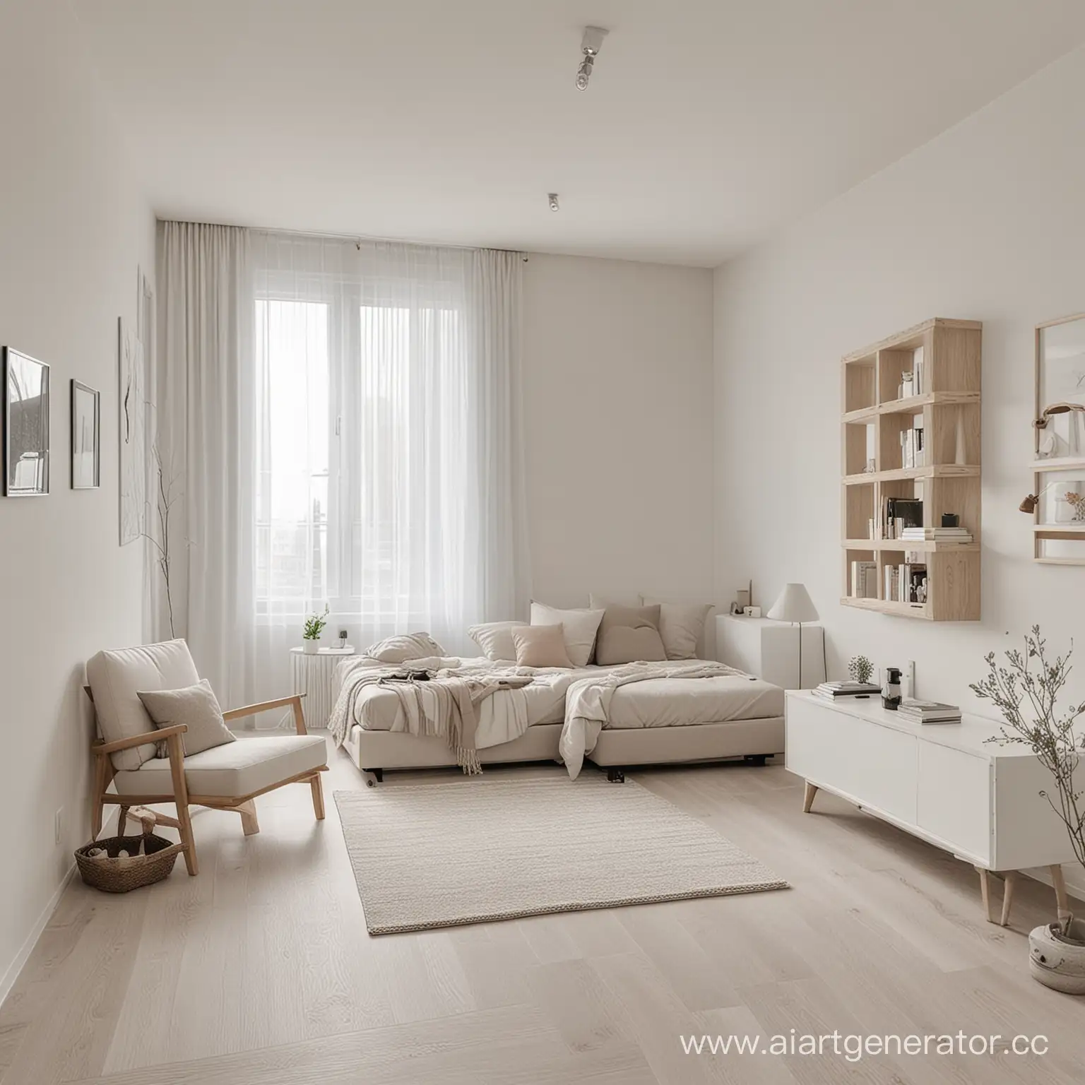комната минималистичная в квартире в светлых тонах с небольшим декором
