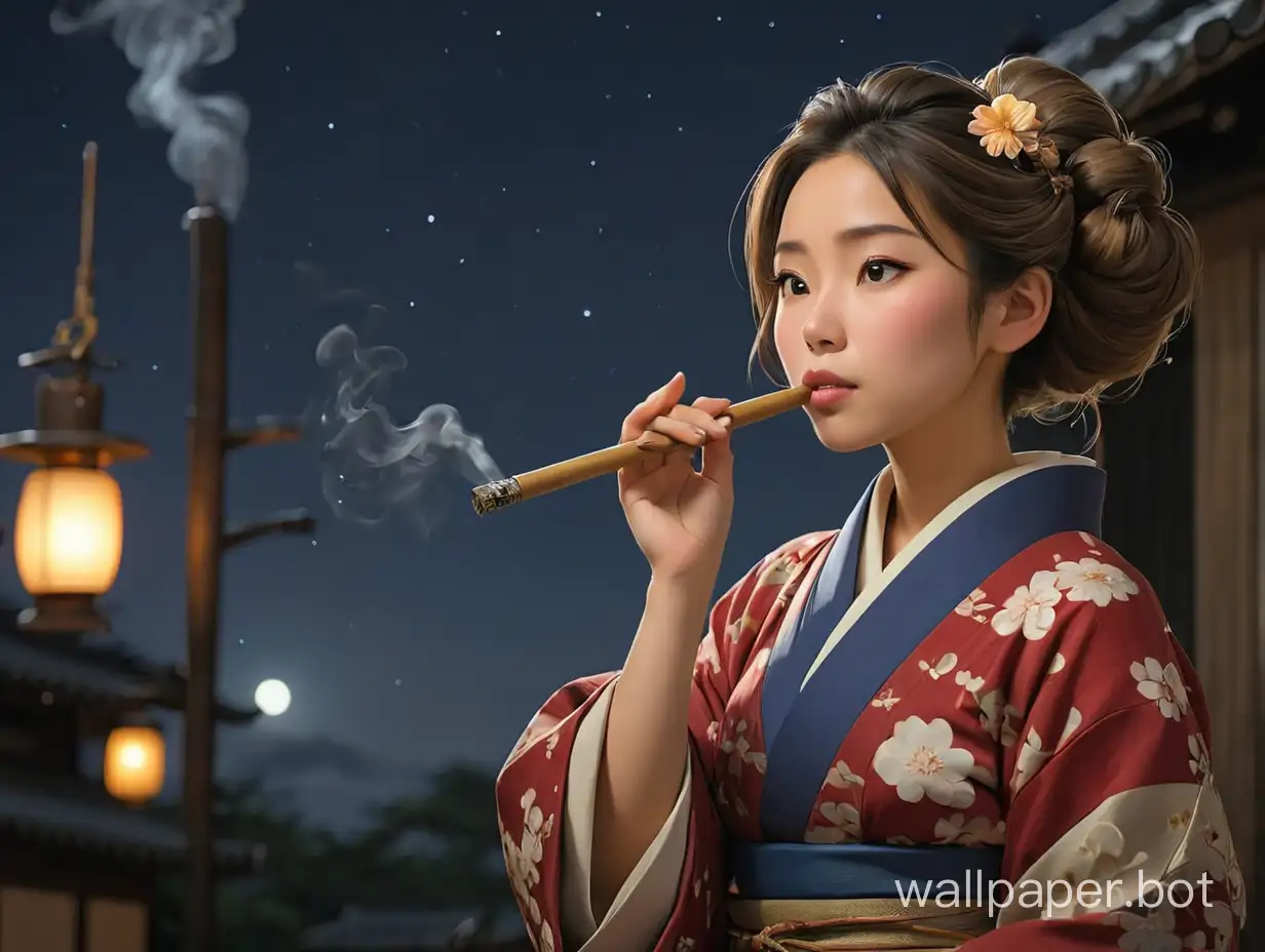 Traditional-Japanese-Woman-Contemplating-Under-Night-Sky