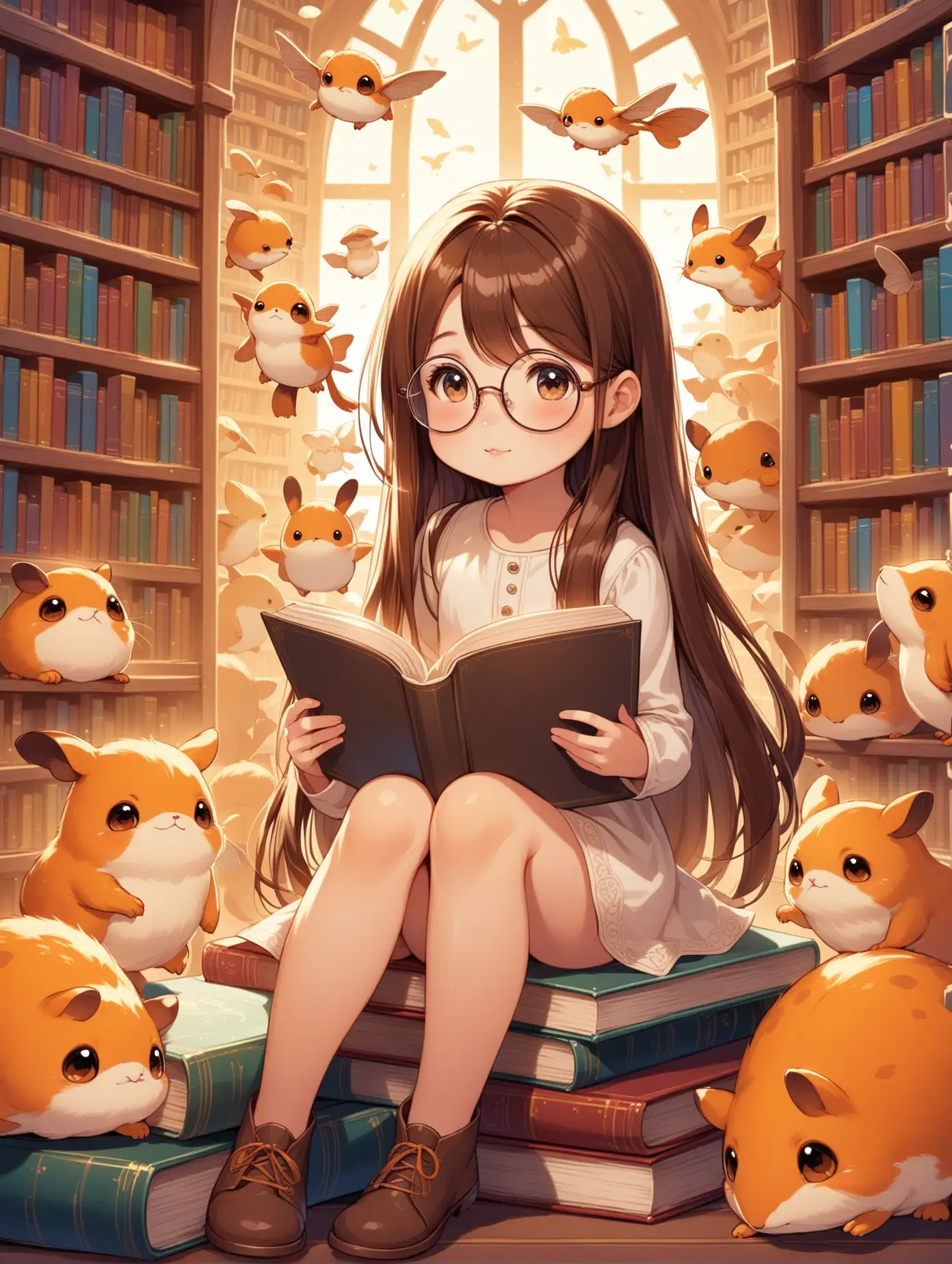 a cute little cartoon girl wearing big round glasses, brown long straight hair, surrounded by little creatures, reading a book, and sitting on different books in a fantasy library