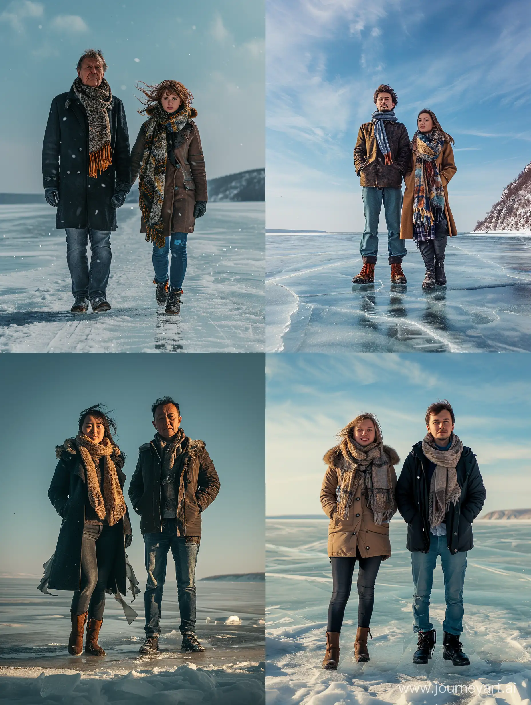 Фотографии в формате RAW, 35 мм iso 200, царапины и пыль, хроматическая аберрация, потеки при длительной экспозиции, откровенные ((русские мужчина и женщина, шарф и пальто, на фоне озеро Байкал зимой, фото снято на Nikon AF-S NIKKOR 14-24mm f/2.Объектив 8G ED, Дневной свет, Фото на фоне зимнего озера Байкал, красивый прозрачный лёд под ногами
