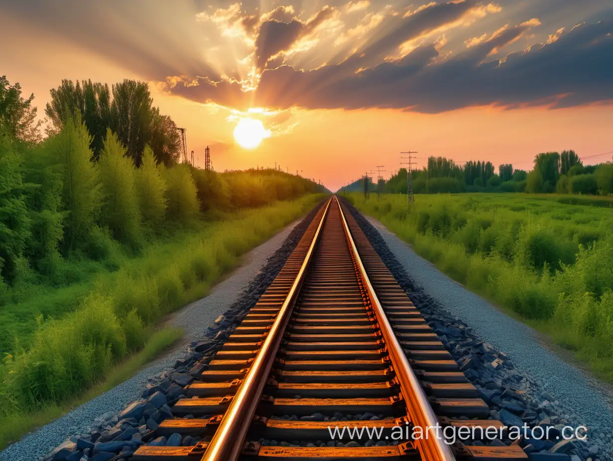 Картинка железной дороги на фоне красивой природы и заходящего солнца на юге России без вагонов и поездов