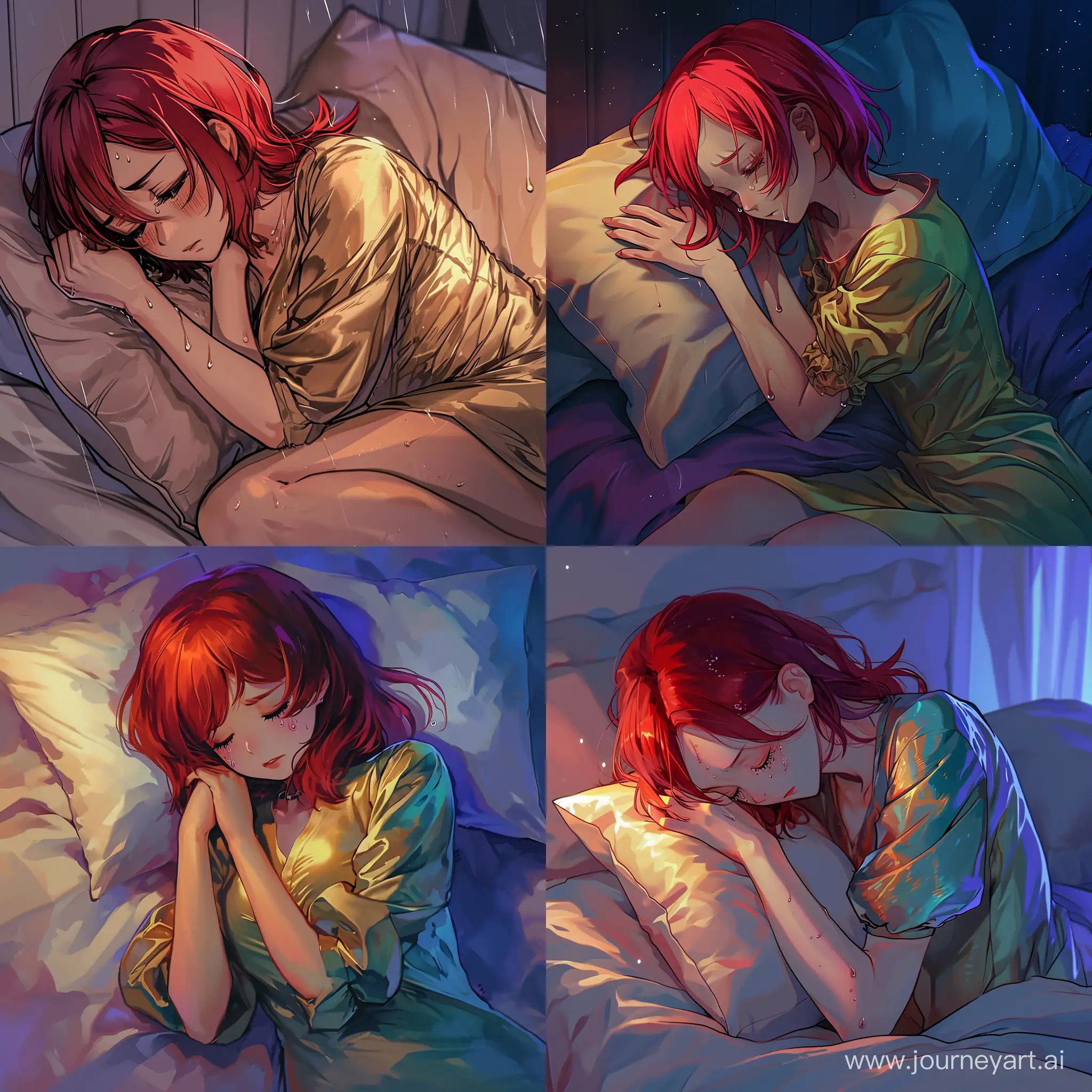 картинка в стиле цветного аниме, девушка 27 лет с рыжими волосами, в шелковой рубашке с декольте, лежит в кровати ночью, засыпая, она обнимает вторую подушку обеими руками и ногами, на глазах у нее слезинки, грустная атмосфера.