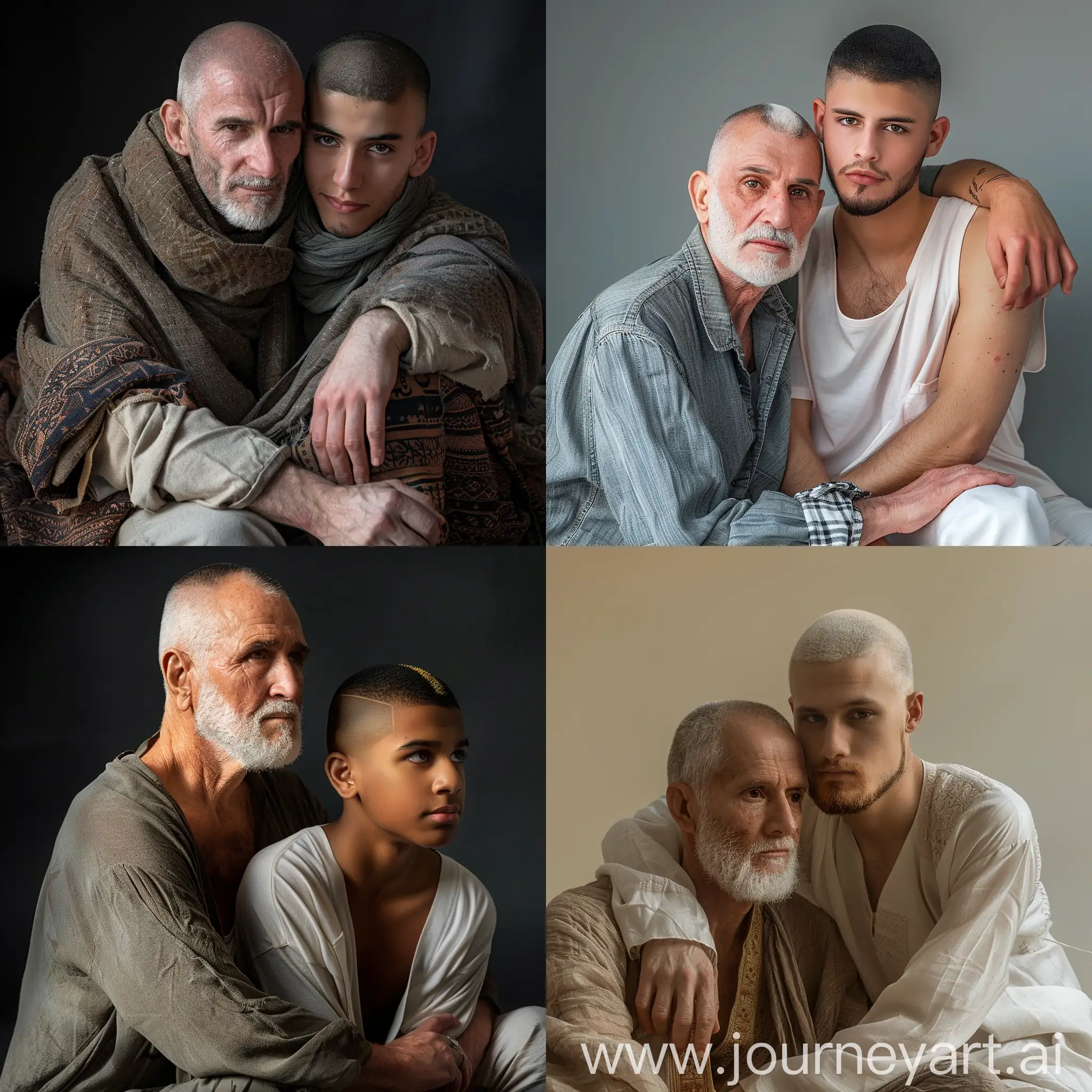 57 years old white scottish man with a shaved beard wearing, his young boyfriend is 22 years old from Saudi Arabia with a fade skin haircut and and sitting 