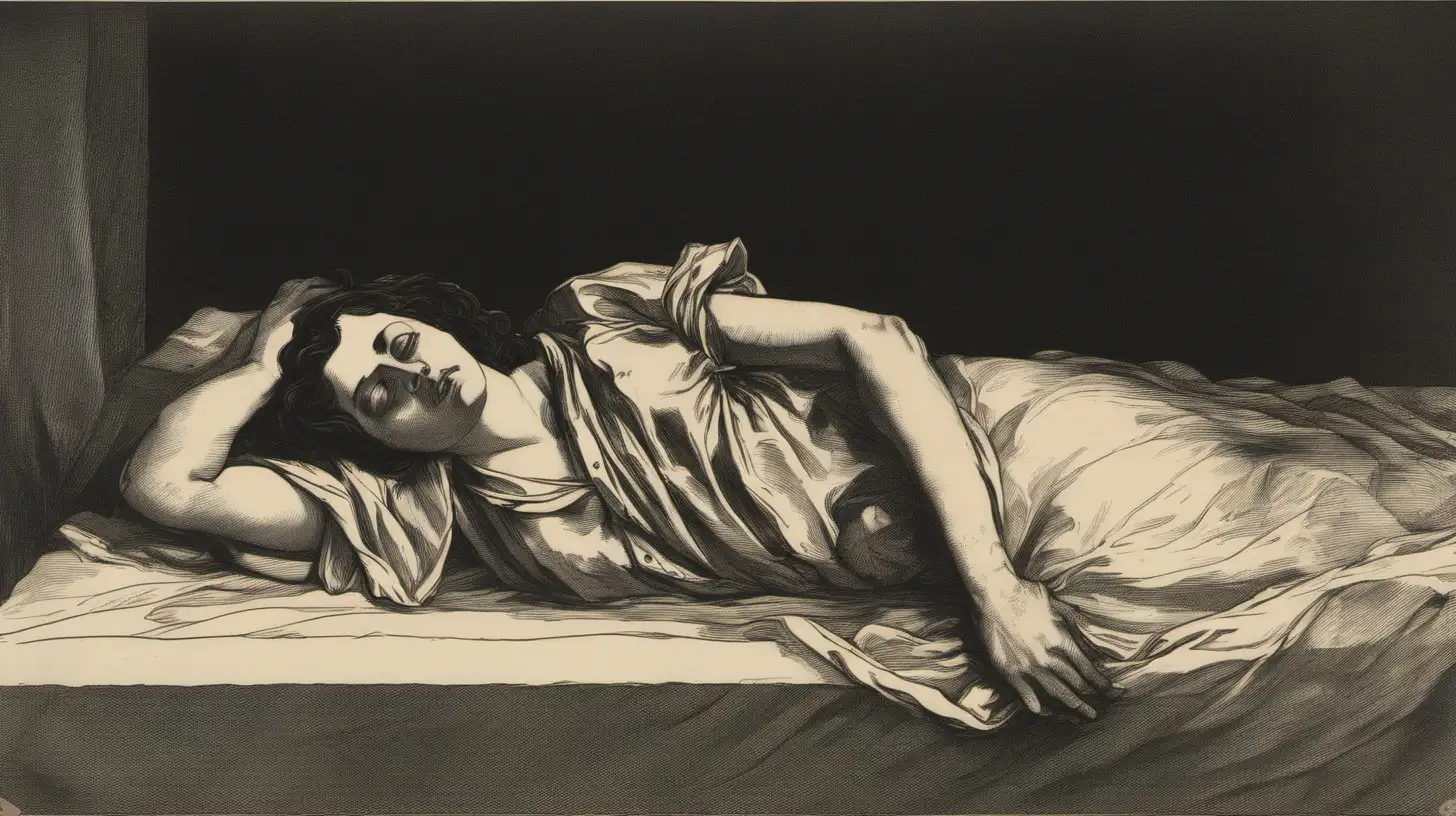 gravure à l'eau-forte ; very dark : femme couchée sur des draps ; grand désordre ; chelure répndue ; tristesse, désepoir, impuissance