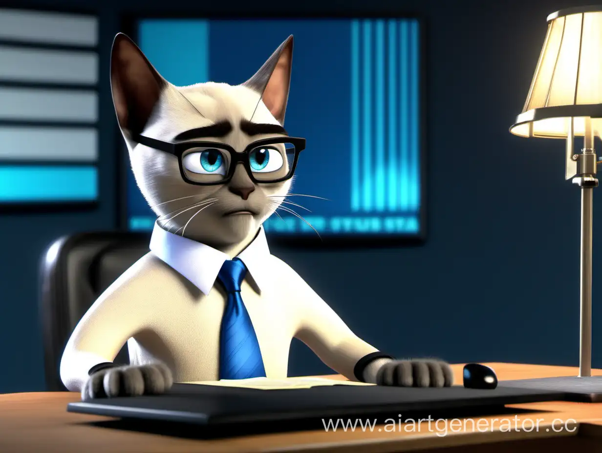 Siamese male cat antropomirphic with white collar and blue tie, reading the news in tv studio. Very detailed 3D animation image in pixar studio style.