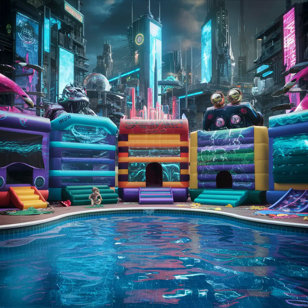 swiming pool with bounce houses with cypepunk theme