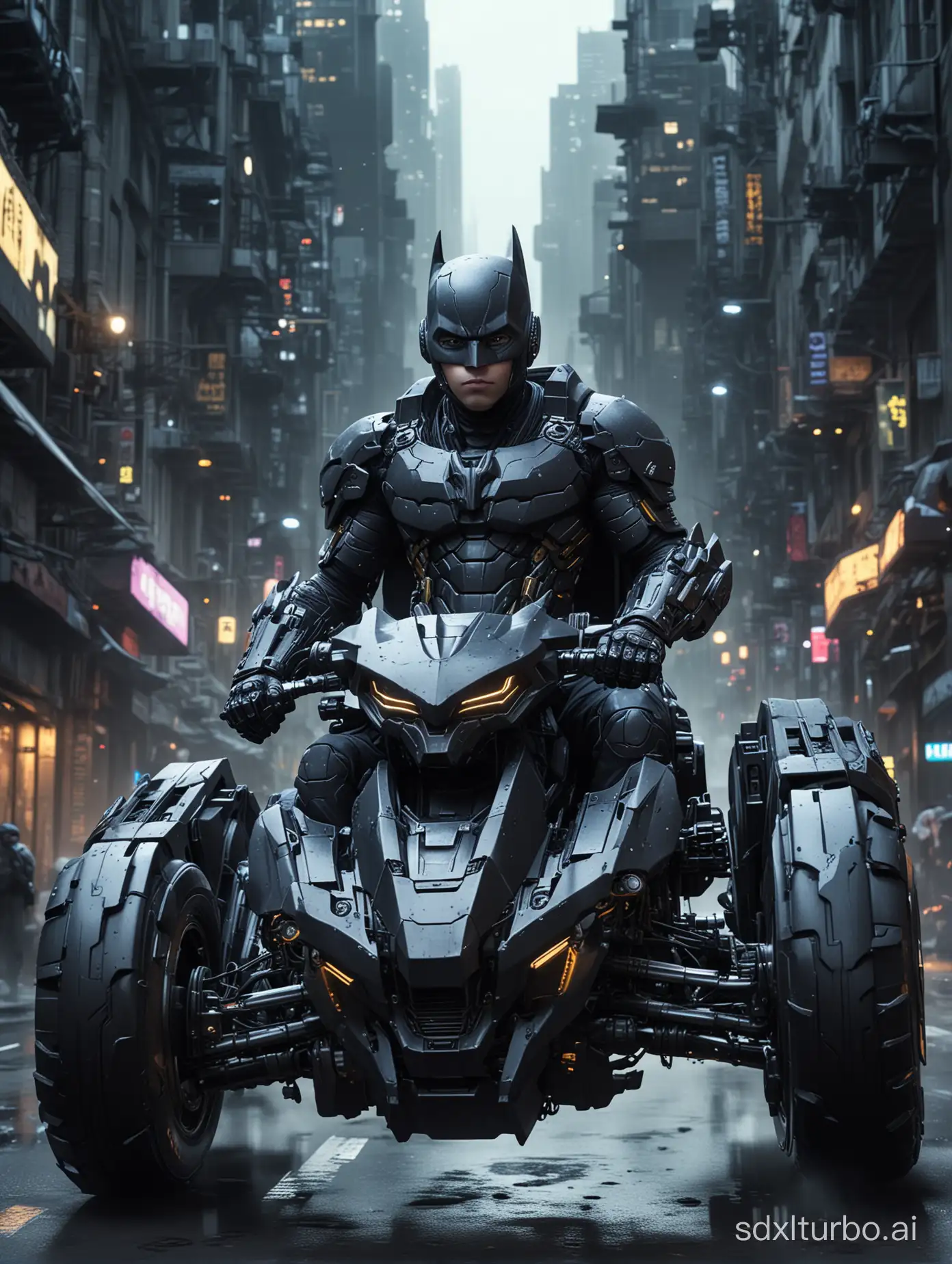 科幻、一个儿童穿着蝙蝠侠战衣,骑着炫酷的机甲车，速度很快，能看到五官和头发，背景是赛博风格的城市夜景、偏暗，
