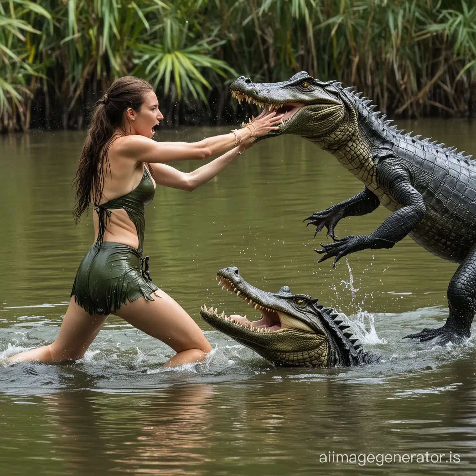 a water nymph fighting an alligator.