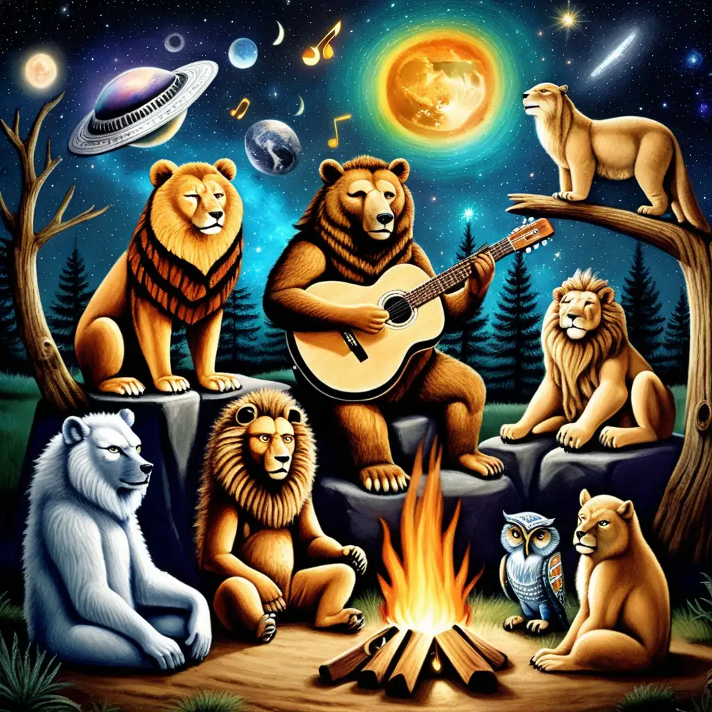 campfire music bear lion wolf owl guitar djembe banjo cosmic ufo galactic