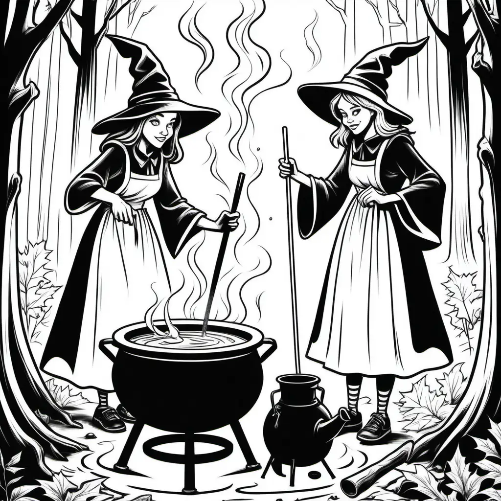 Teenage Witches Stirring Cauldron in Enchanted Forest