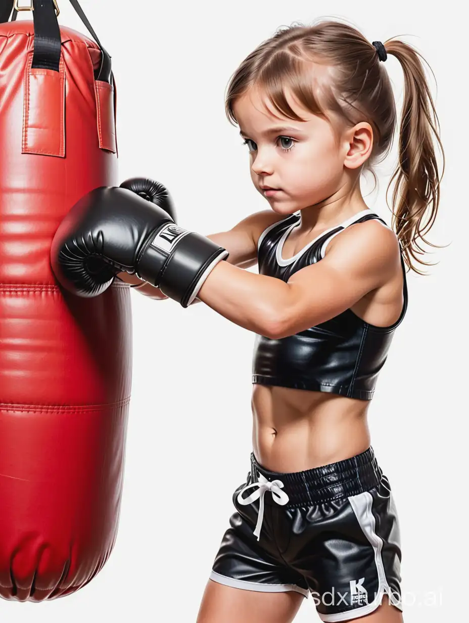 8 years old girl boxing, showing her very muscular abs, leather swimwear