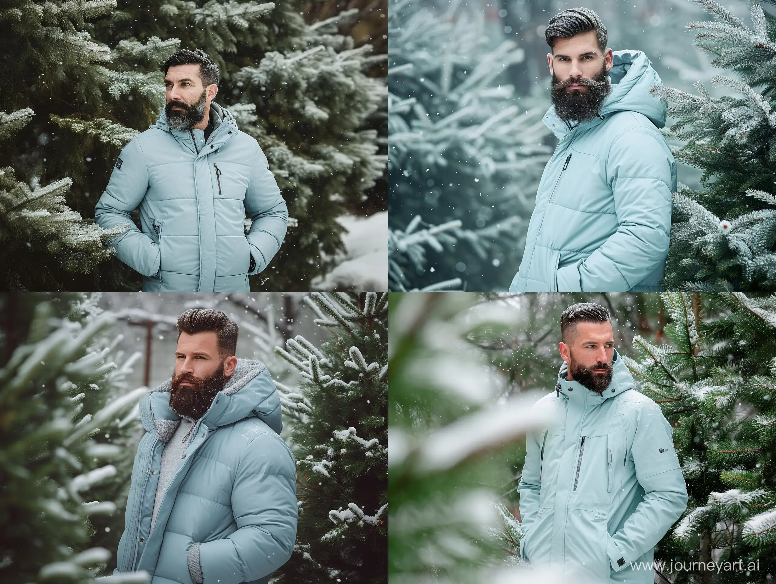 Capture the winter vibe with a real bearded man donned in a stylish light blue winter jacket, photographed full-body from head to toes. Placed in a setting with evergreen trees lightly dusted in snow, the scene balances the winter ambiance with hints of green. The natural light highlights the jacket's modern texture, and subtle snowflakes add a touch of seasonal magic. The result is a harmonious blend of contemporary fashion against a winter landscape, where the man's presence stands as a testament to both style and an authentic connection to the seasonal surroundings.