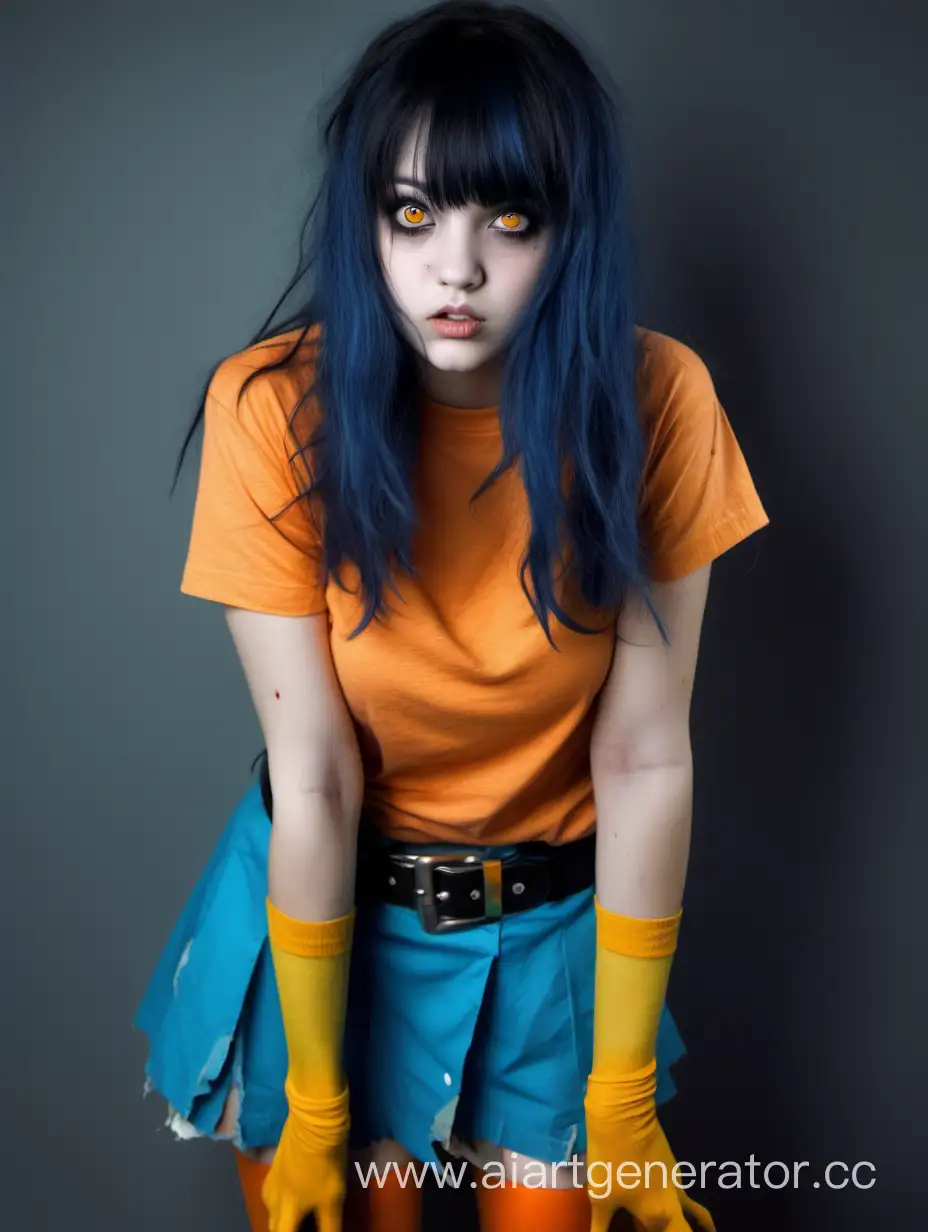 Грязно-голубые распущенные волосы, с челкой, чёрные глаза, порватая оранжевая футболка, жёлтые чулки с поясом, девушка, монстр 