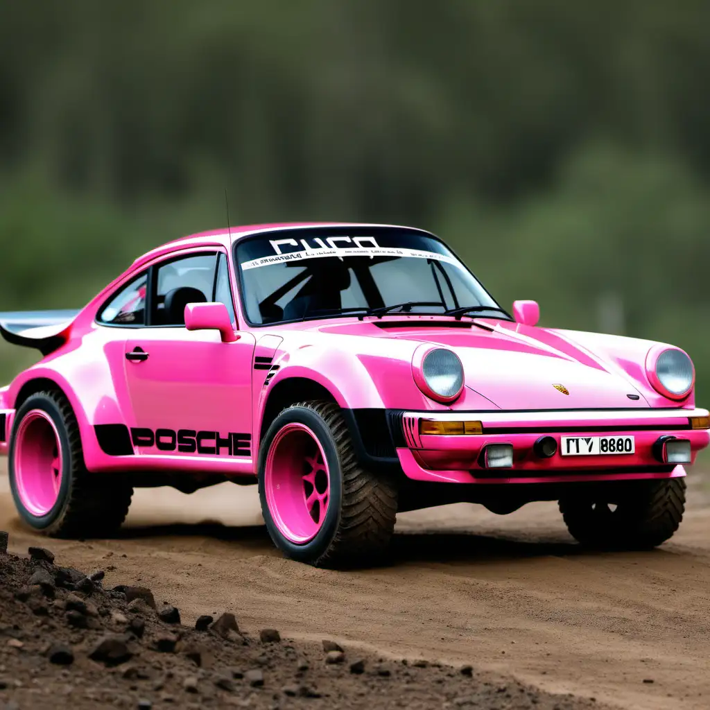 Porsche 911 1980's turbo. pink offroad rally car. bigger wheels. black wheels.
