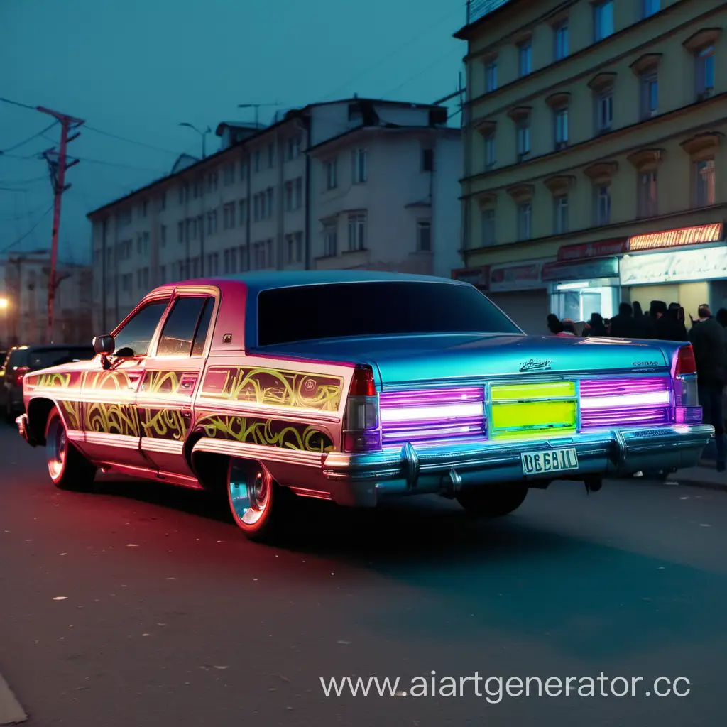 Машина лоурайд стоит близко к камере с задом, с неоновой подсветкой, на улице россии