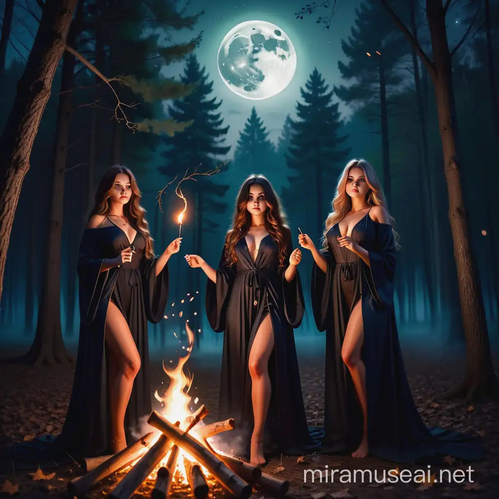 sexy young witches, loose long hair, long robes, dark forest at midnight, full moon, casting a spell over a large bonfire
