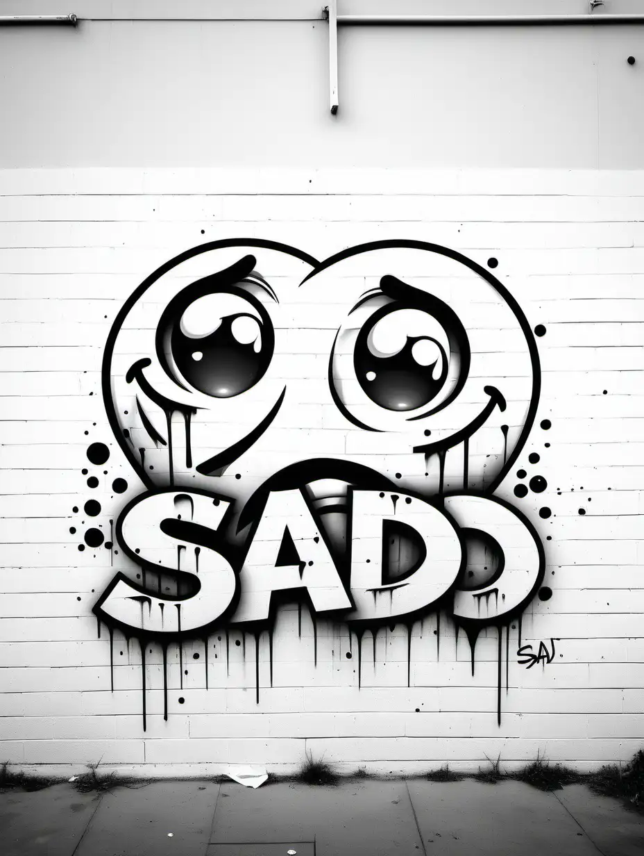 Create a graffiti colouring page, all white , black outline, no colour, graffiti art, with the word sad, with sad emoji behind sad,on white wall, no shading, low detail, white background , colouring page, graffiti art style, 