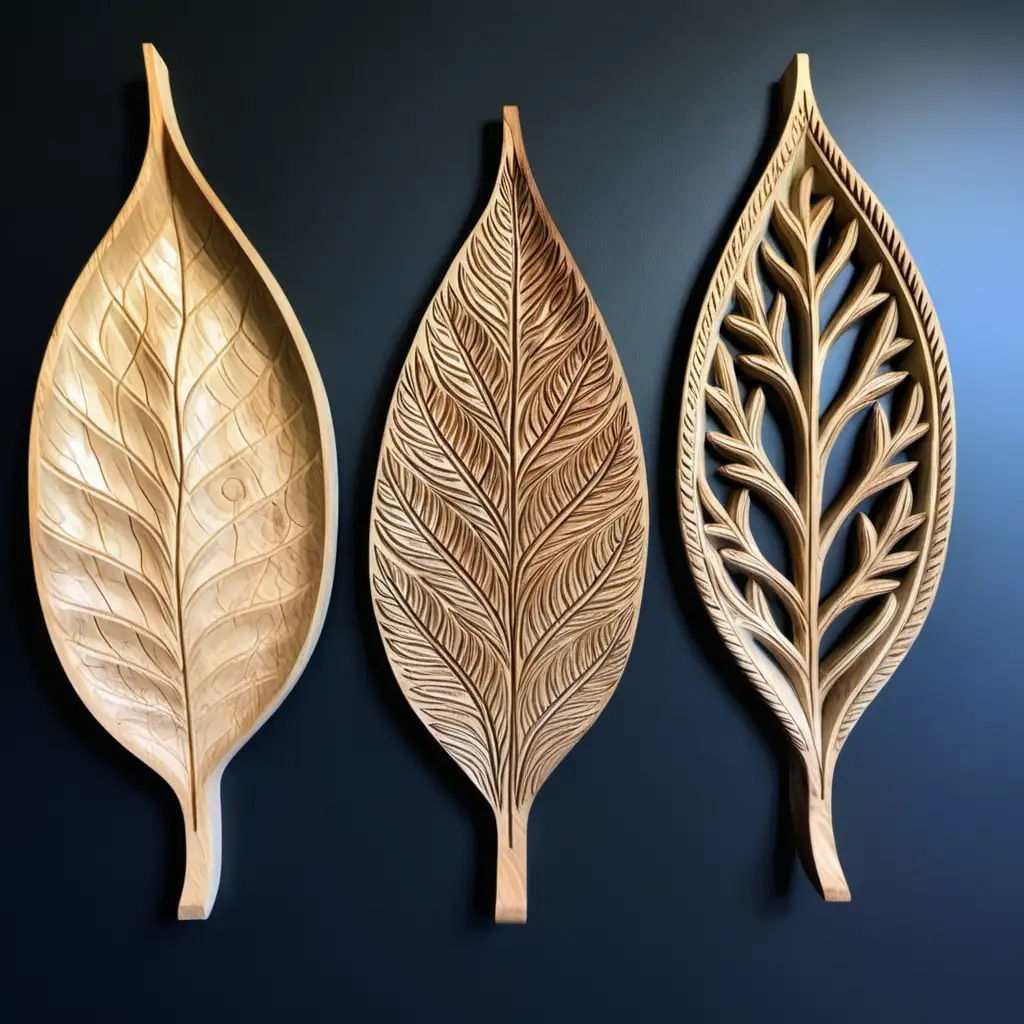 Carved wooden leaves, set of 3, wall decor