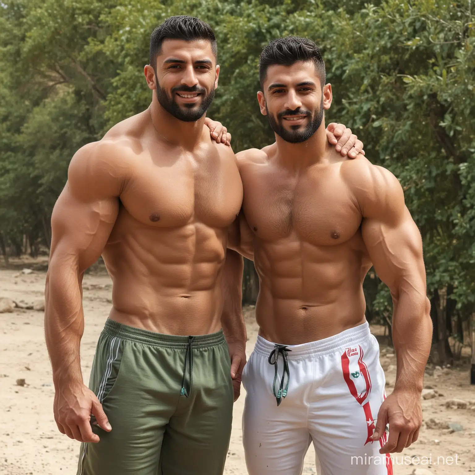 Two Muscular Lebanese Wrestlers Shirtless and Intense