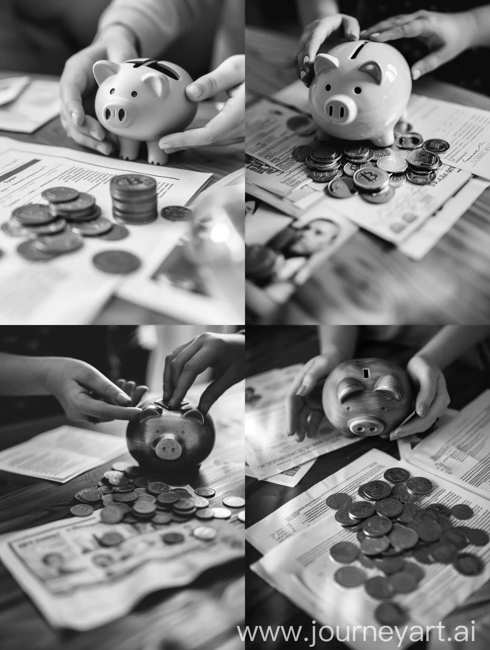 Professional-Photography-Hands-Arranging-Documents-in-Black-and-White-Piggy-Bank-Scene
