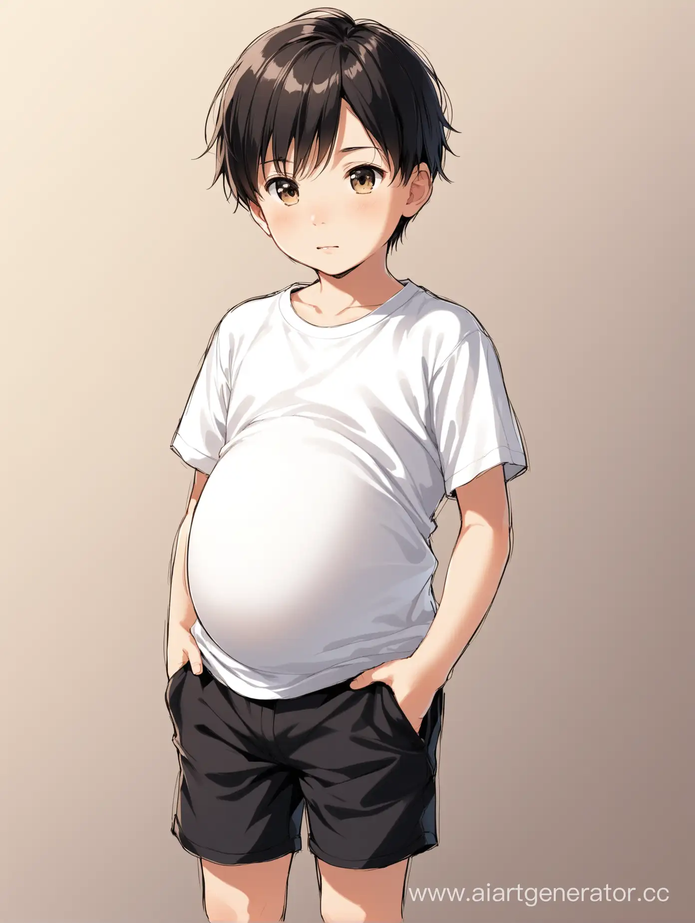 Тринадцатилетний мальчик на пятом месяце беременности. На нем надета белая футболка и черные длинные шорты. У него темные короткие волосы.