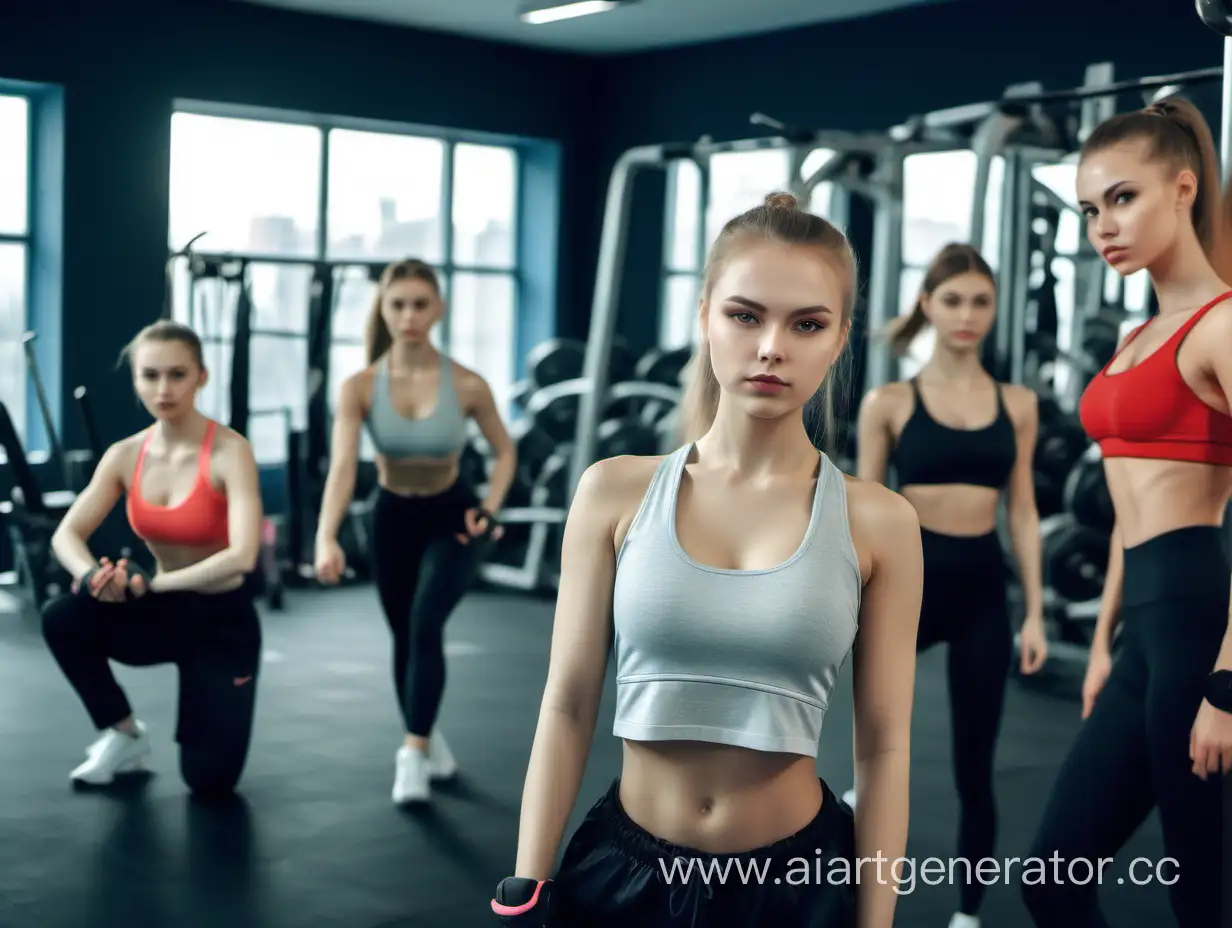 Русские девушки тренируются в спортзале на фоне тренжаеров