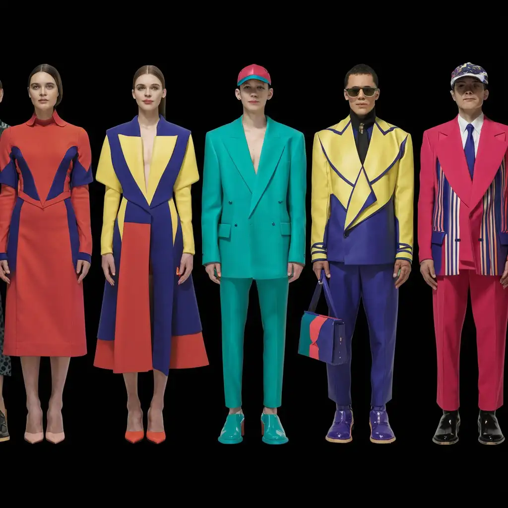 Create six people (3 women / 3 men) dressed in Balenciaga attire, with their clothes in color but the background in black. I want these individuals spaced out on the poster and with no faces.