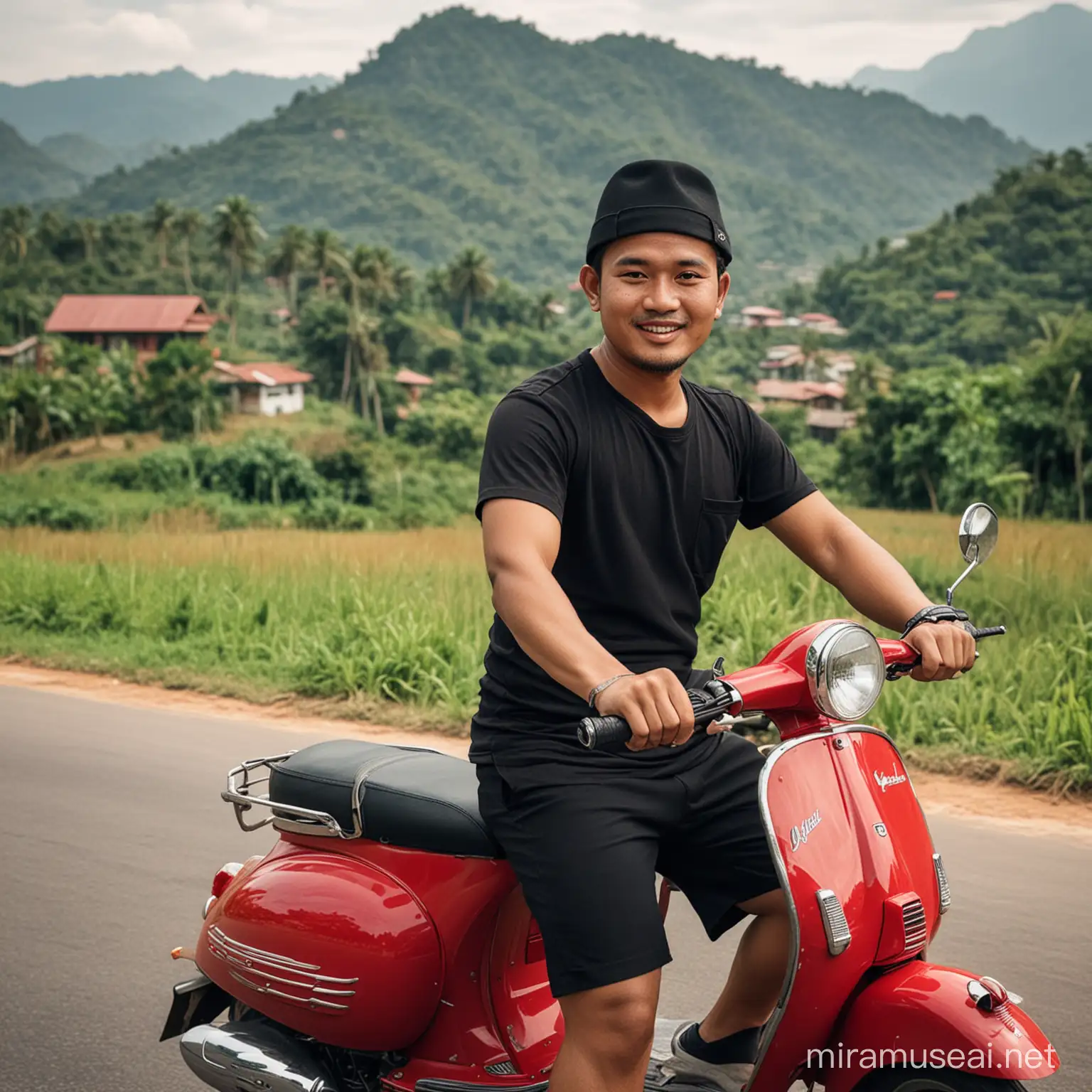 Javanese Man on Red Vespa with Mountainous Backdrop