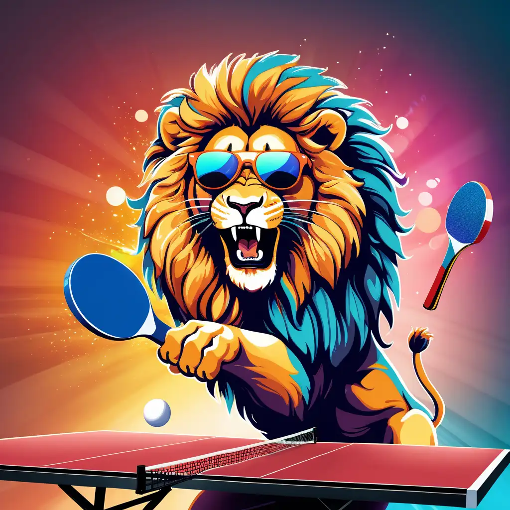colorful lion with sunglasses roaring and playing table tennis

