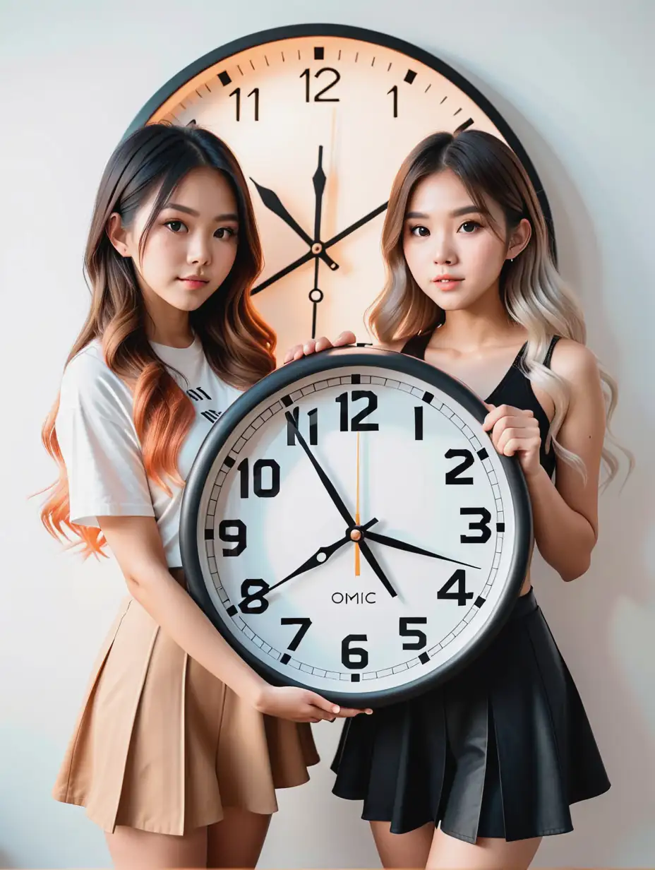 Asian and white girl both with Ombre hair both holding a big clock