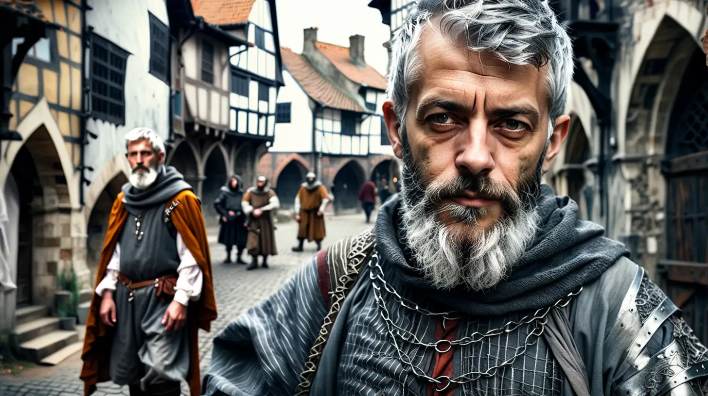 Realistic Double Exposure Portrait Grey Hair and Beard in Medieval Garb on Urban Street