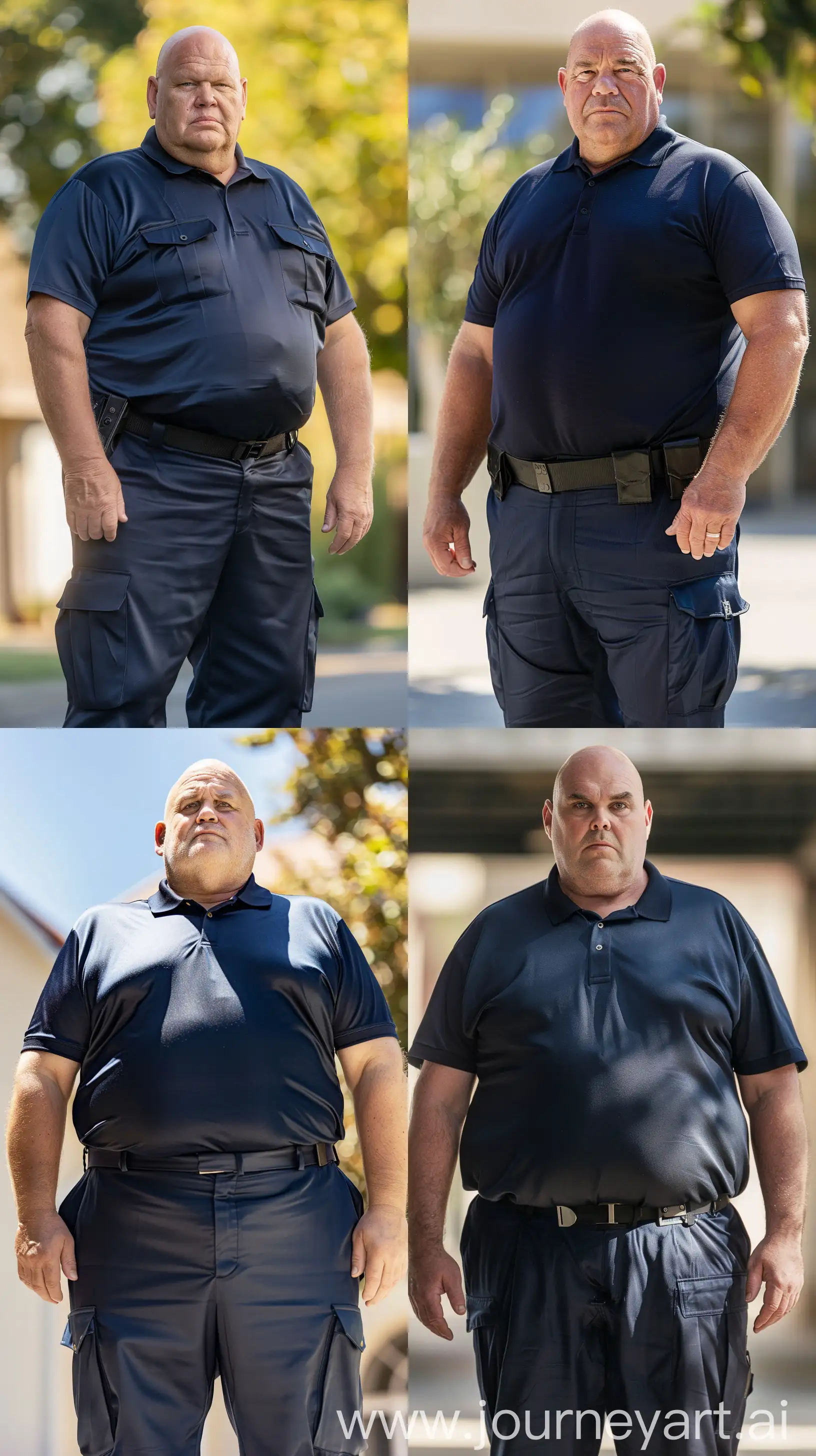Front view extreme close-up photo of a very fat man aged 60 wearing a silk navy security guard very slim-fitted battle pants and a tucked in silk navy polo sport shirt. Outside. Bald. Clean Shaven. Natural light. --style raw --ar 9:16