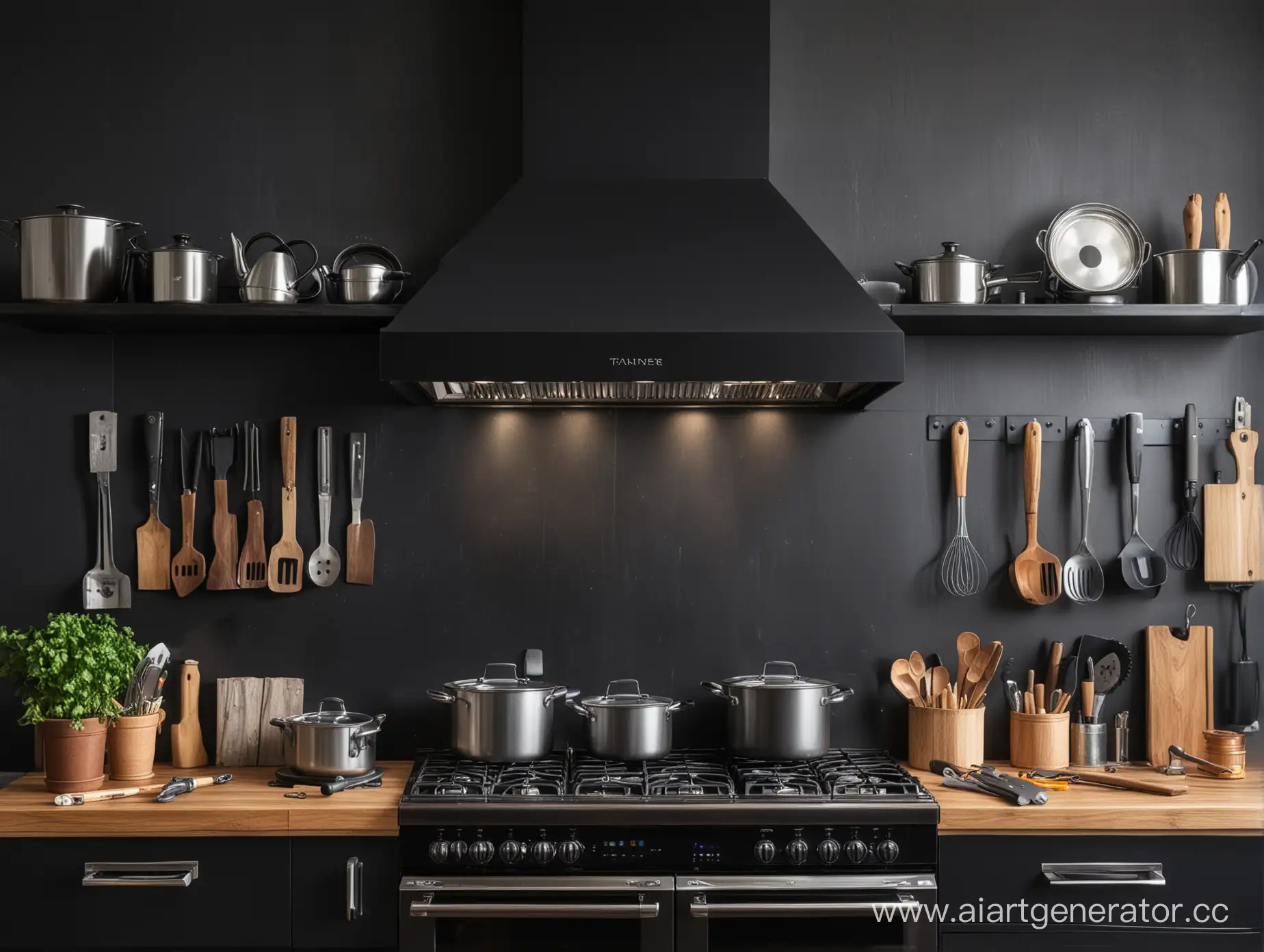 Luxurious-Kitchen-with-Expensive-Black-Hood-and-Repair-Tools