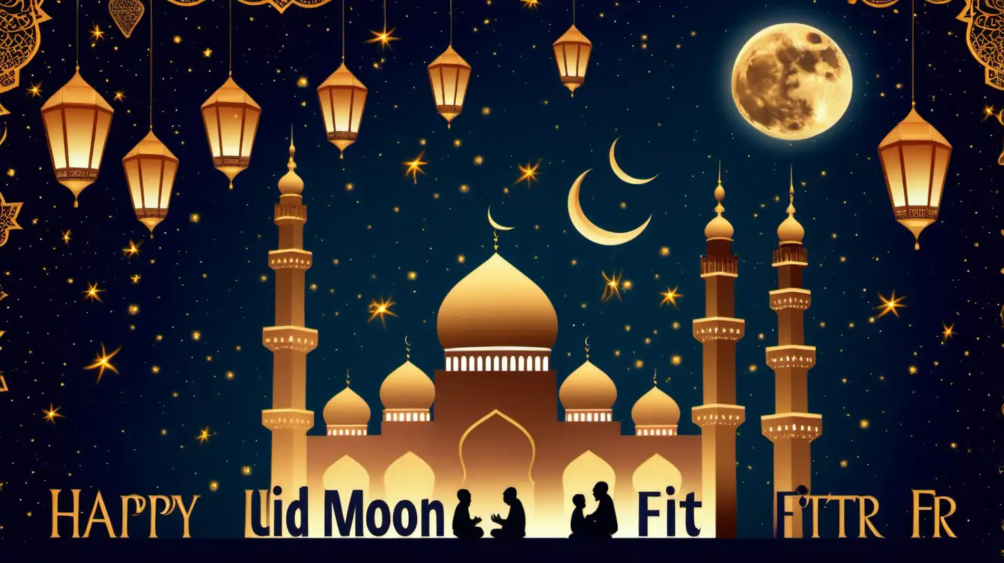 eid ul fitr,mosques,people praying,happy eid ul fitr written in style,moon,night,stars,sky lanterns,women,childrens,men