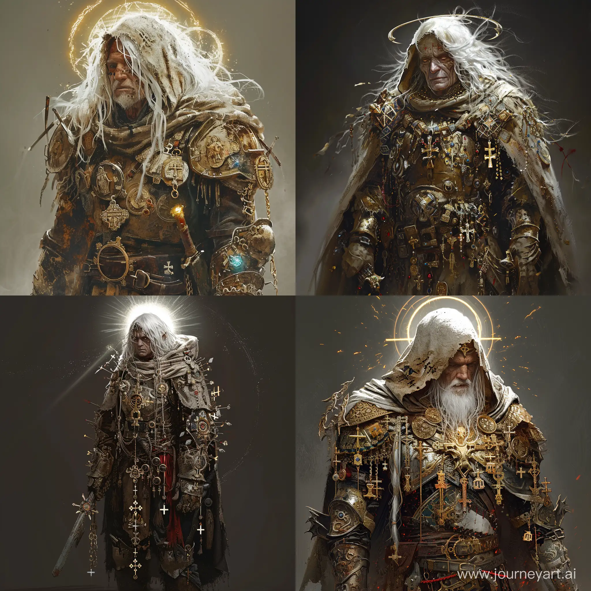 Male Halfling-Priest in full height. Armor and weapon are hidden under the dirty hood. Wears many saint relics and many holy crosses. He has white luxurious hair and beautiful face.  emits the holy light